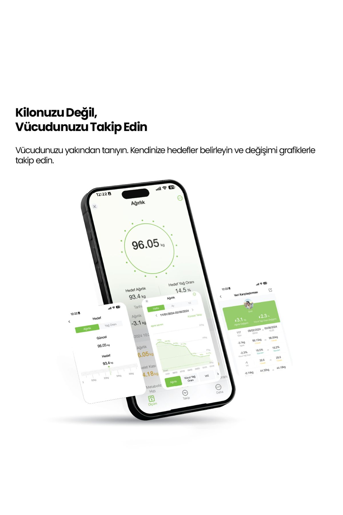 İki telefon vücut ağırlığı ve yağ oranı grafiklerini ve karşılaştırmalarını gösteriyor.