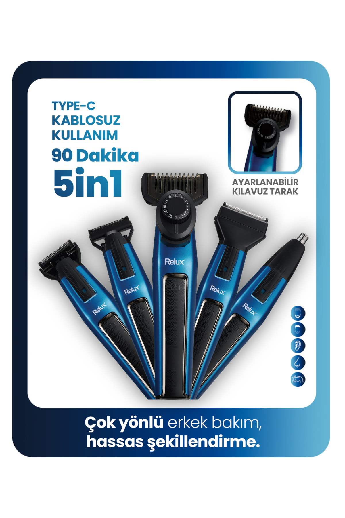 Çeşitli aparatlara sahip beş mavi Relux tıraş makinesi, Type-C, 90 dk.