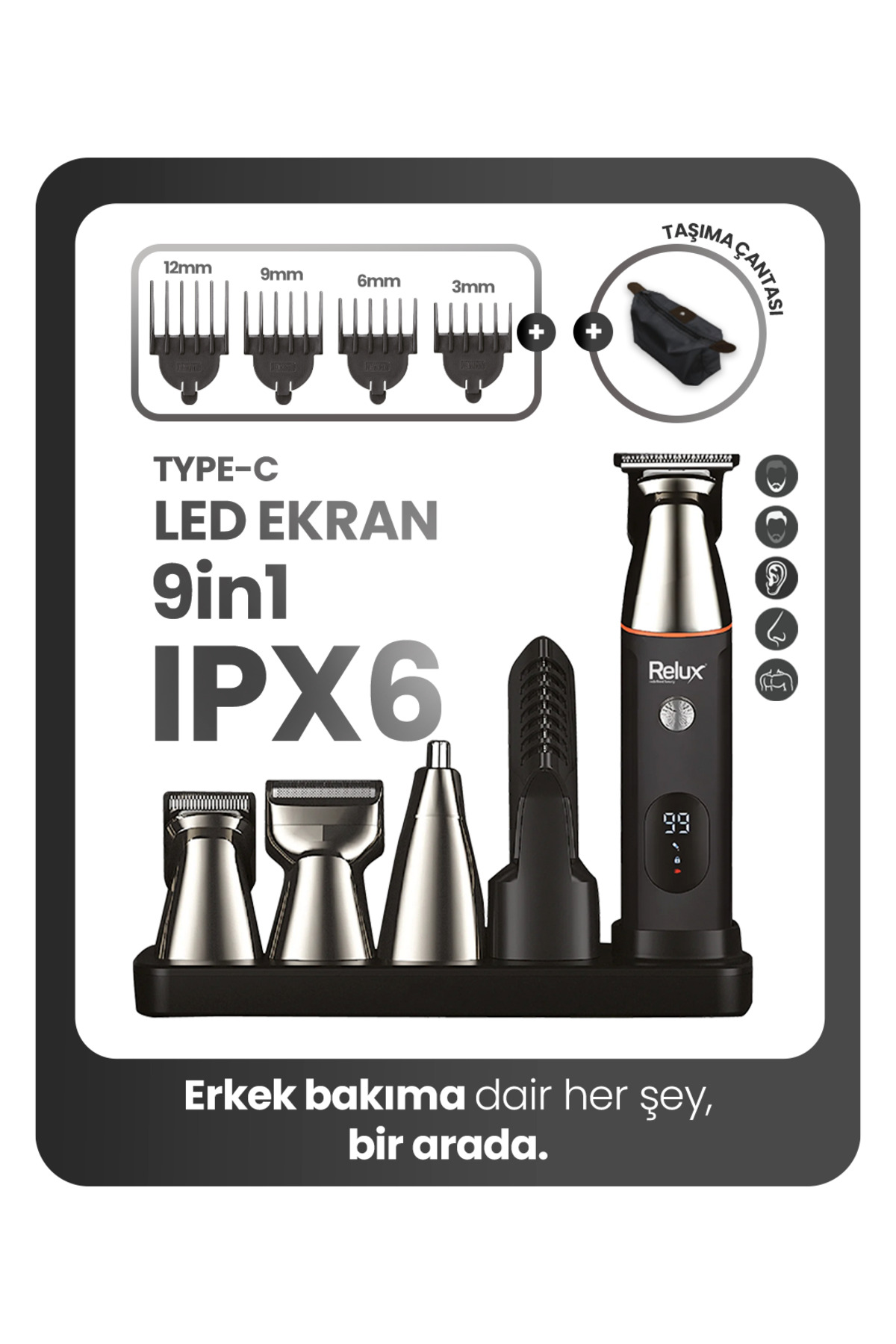 Düzeltici, başlıklar, şarj cihazı ve çantadan oluşan bakım kiti.