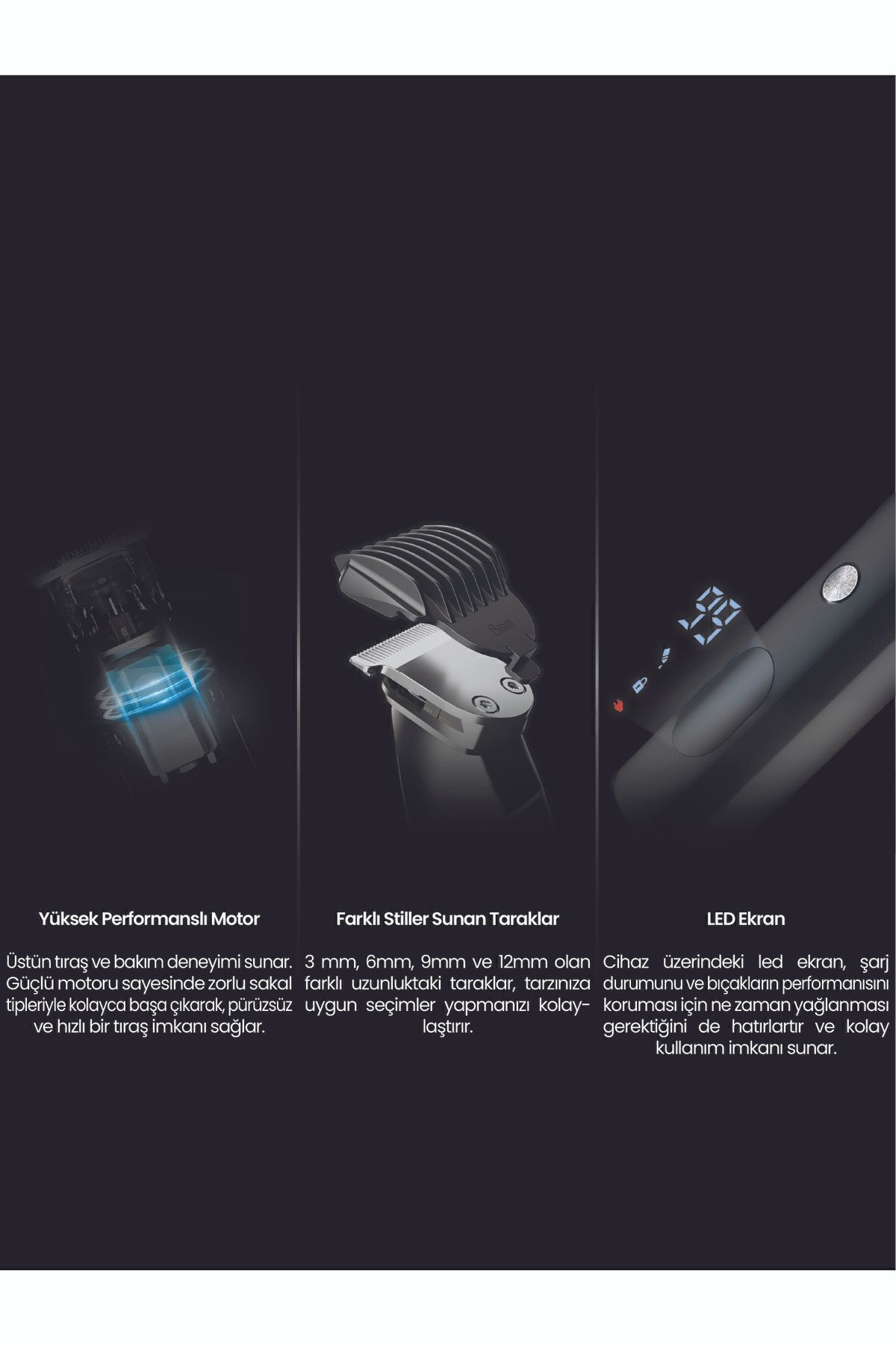 Güçlü motor, tarak aparatları ve hassas saç kesimi için LED ekran.