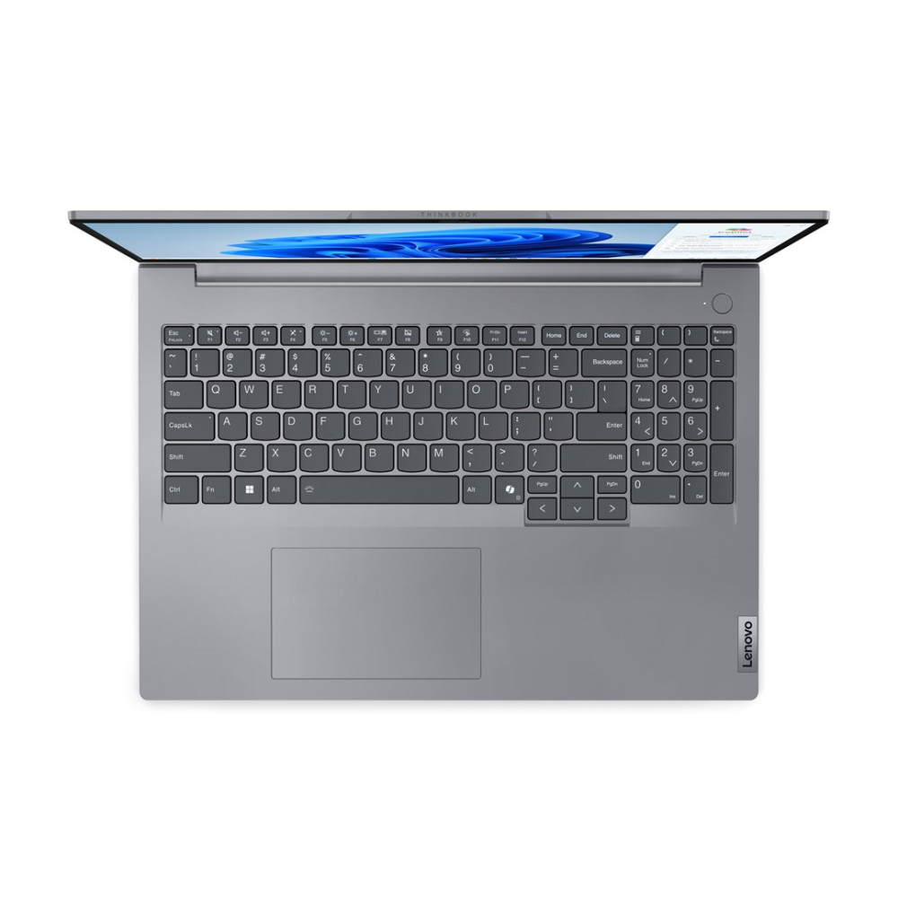 Szary laptop z otwartym ekranem, klawiaturą i touchpadem w szczegółach.