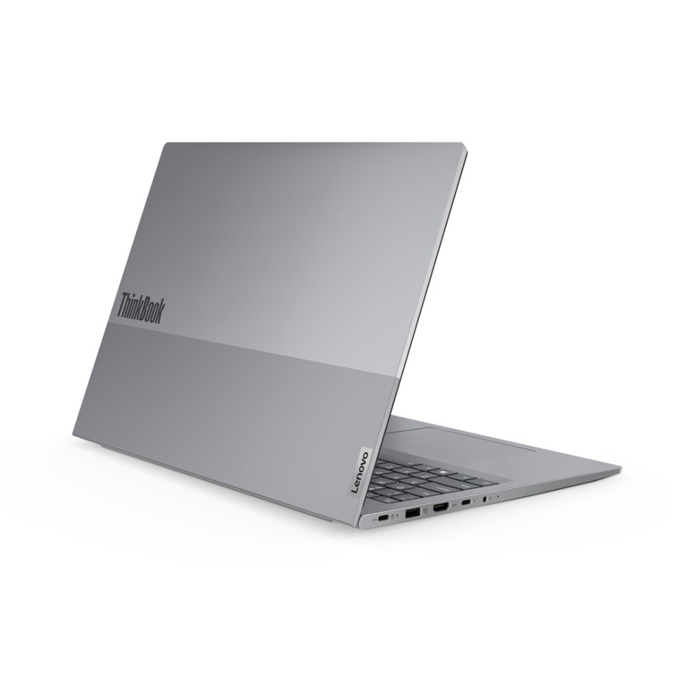 Srebrny laptop Lenovo ThinkBook na białej powierzchni.