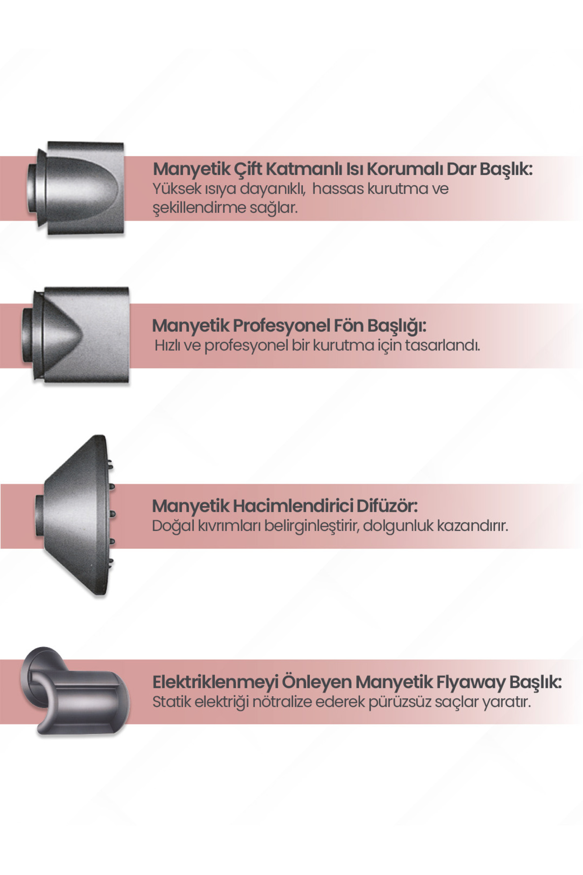 Dört saç kurutma makinesi başlığı: Dar, profesyonel, difüzör, flyaway.