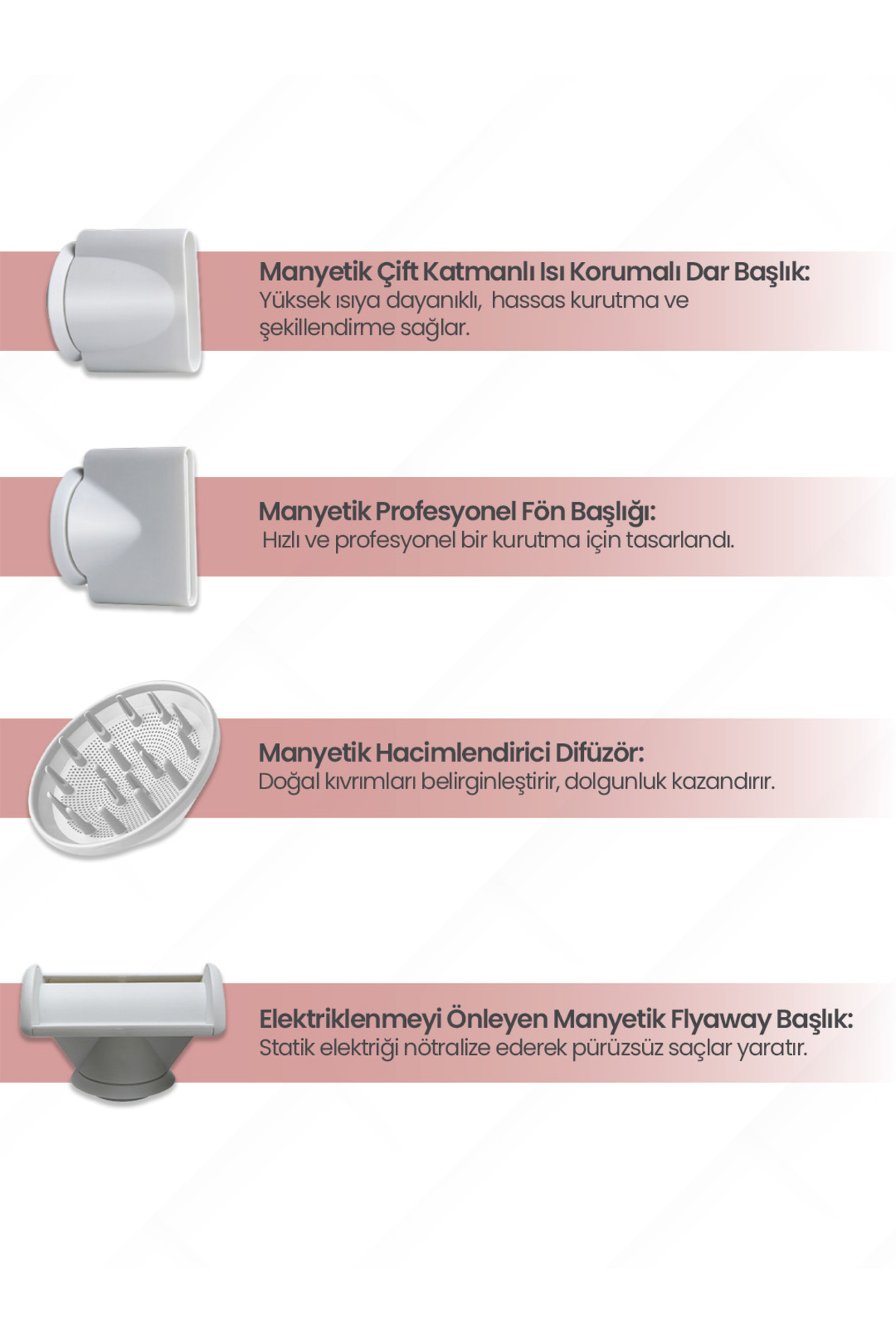 Dört saç kurutma makinesi başlığı: dar, profesyonel, difüzör, flyaway.