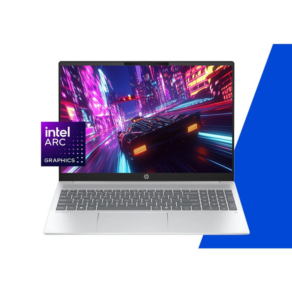 Srebrny laptop z grafiką Intel Arc, pokazujący samochód wyścigowy na neonowej ulicy miasta.