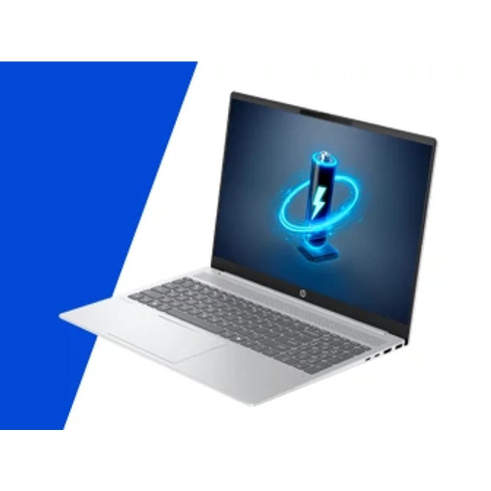Srebrny laptop z ikoną baterii na ekranie. Niebieski akcent.