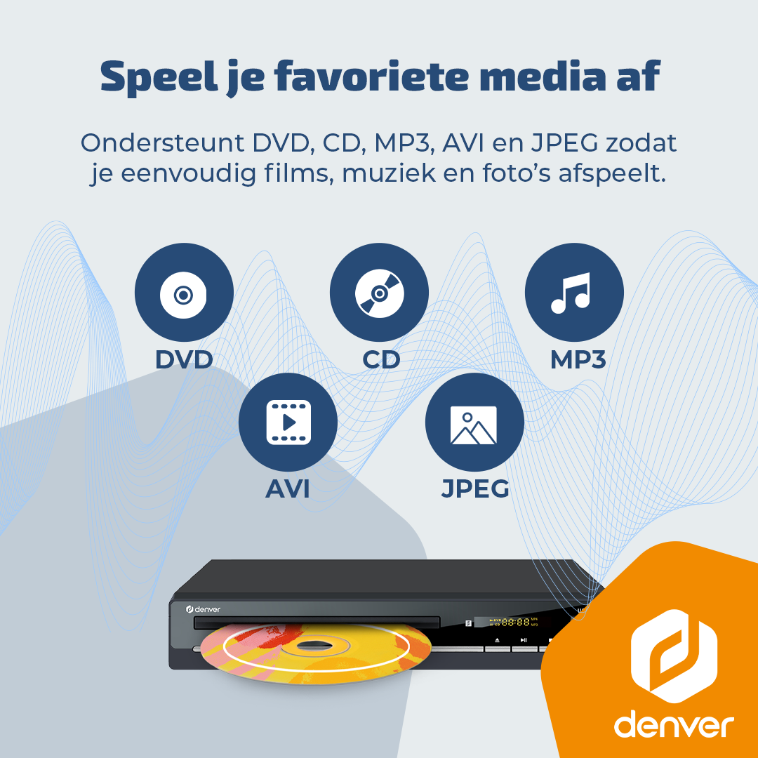 Odtwarzacz DVD z ikonami DVD, CD, MP3, AVI, JPEG.