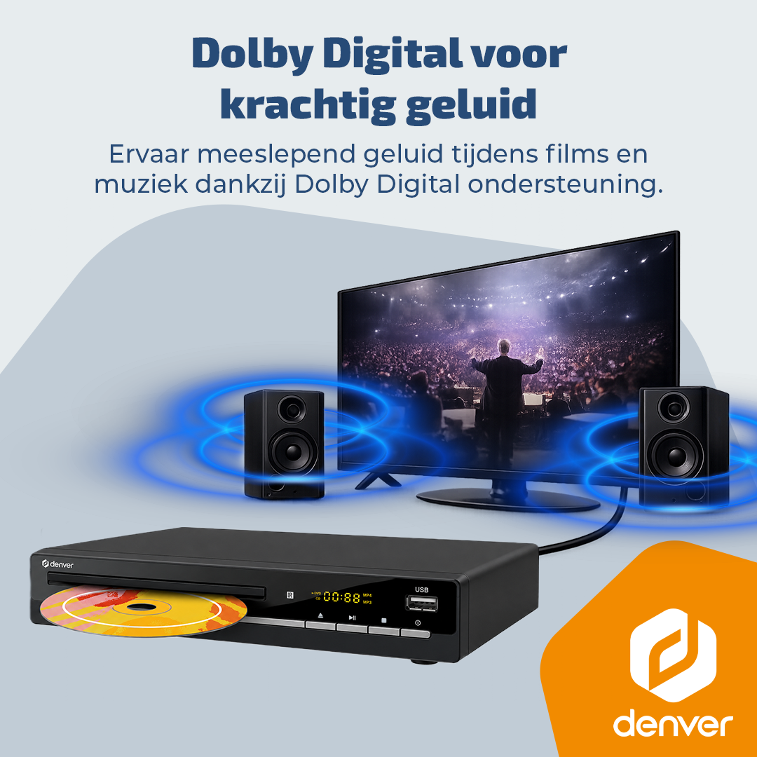 Odtwarzacz DVD, dwa głośniki i telewizor z dźwiękiem Dolby Digital.