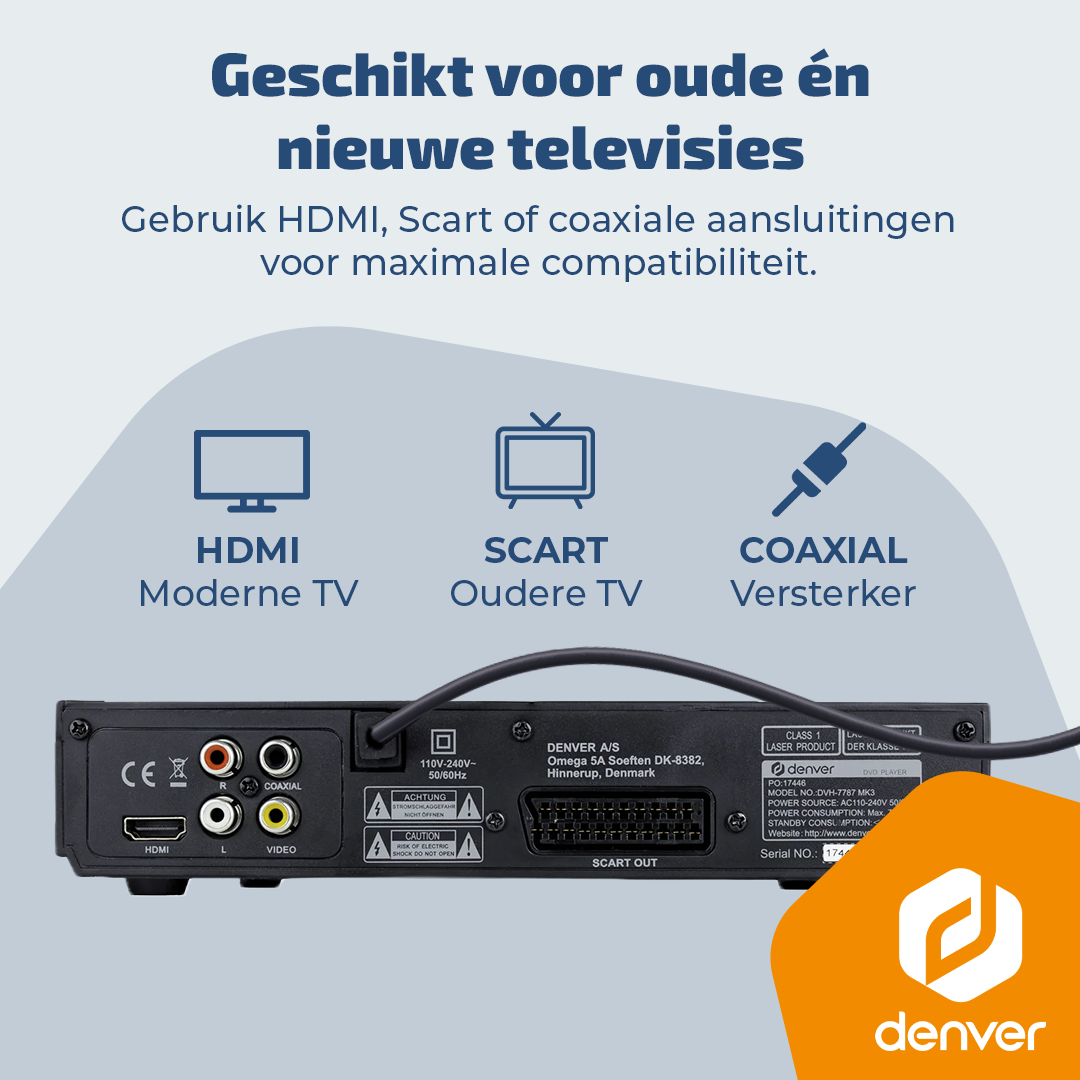 Tył odtwarzacza DVD Denver z przyłączami HDMI, Scart i Coaxial.