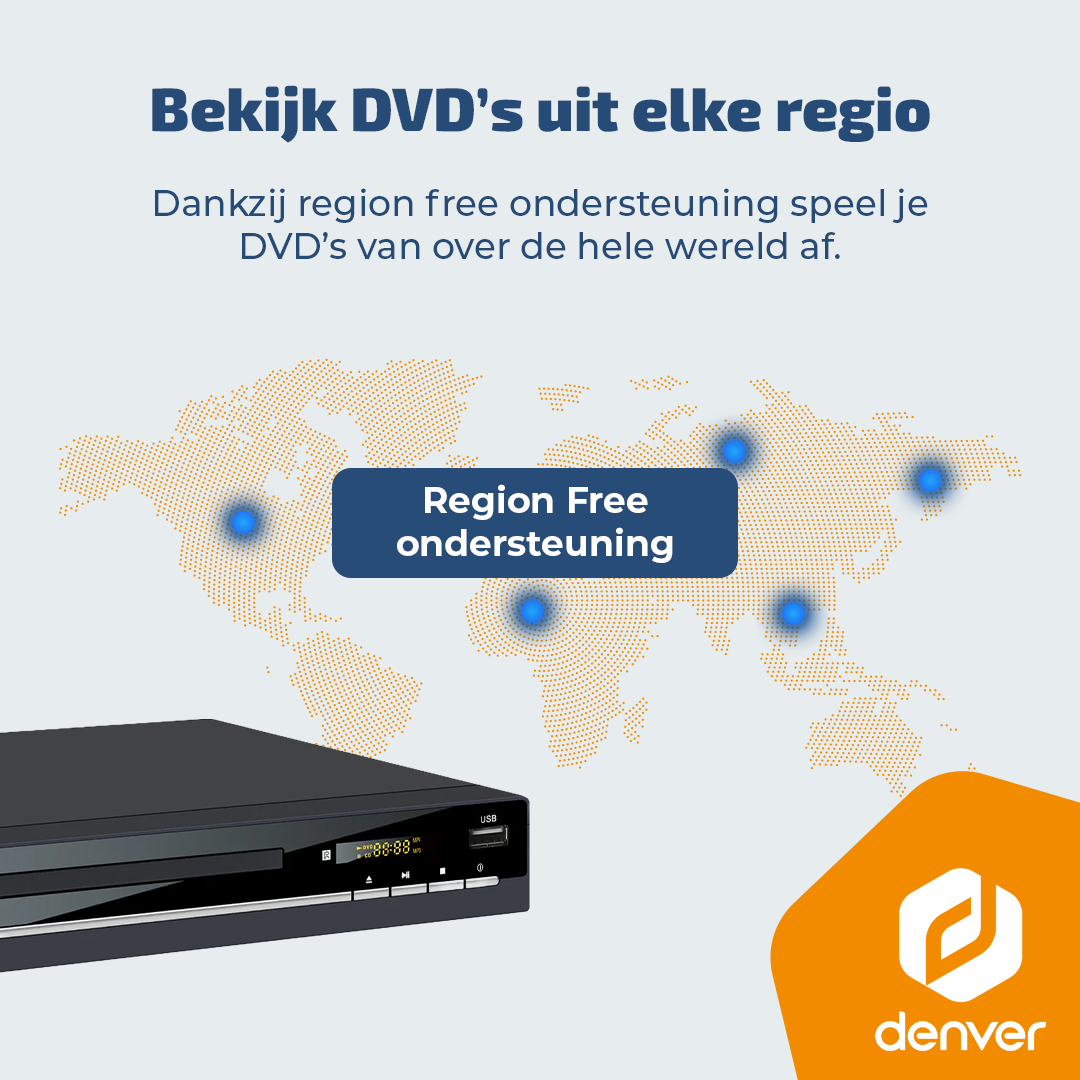 Odtwarzacz DVD przed mapą świata podkreślającą obsługę bezregionalną.