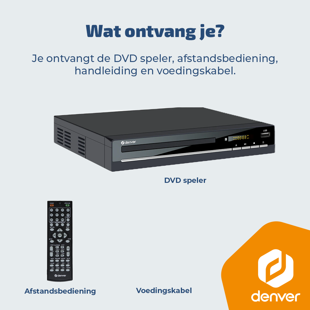 Odtwarzacz DVD, pilot i kabel na szarym tle z tekstem.