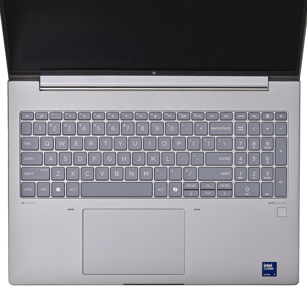 Srebrna klawiatura i gładzik laptopa HP ZBook. Widoczne logo Intel Core Ultra.