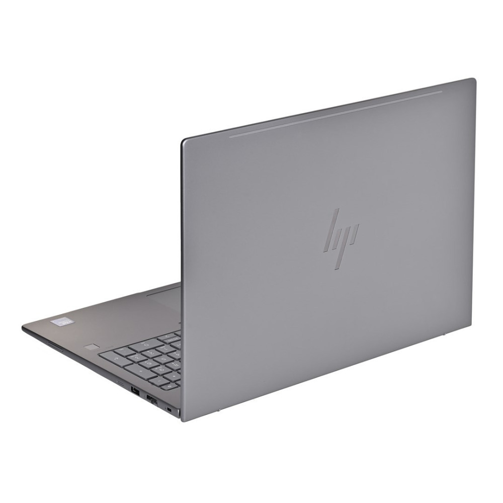 Srebrny laptop HP pokazany z tyłu, z góry, z otwartą pokrywą.