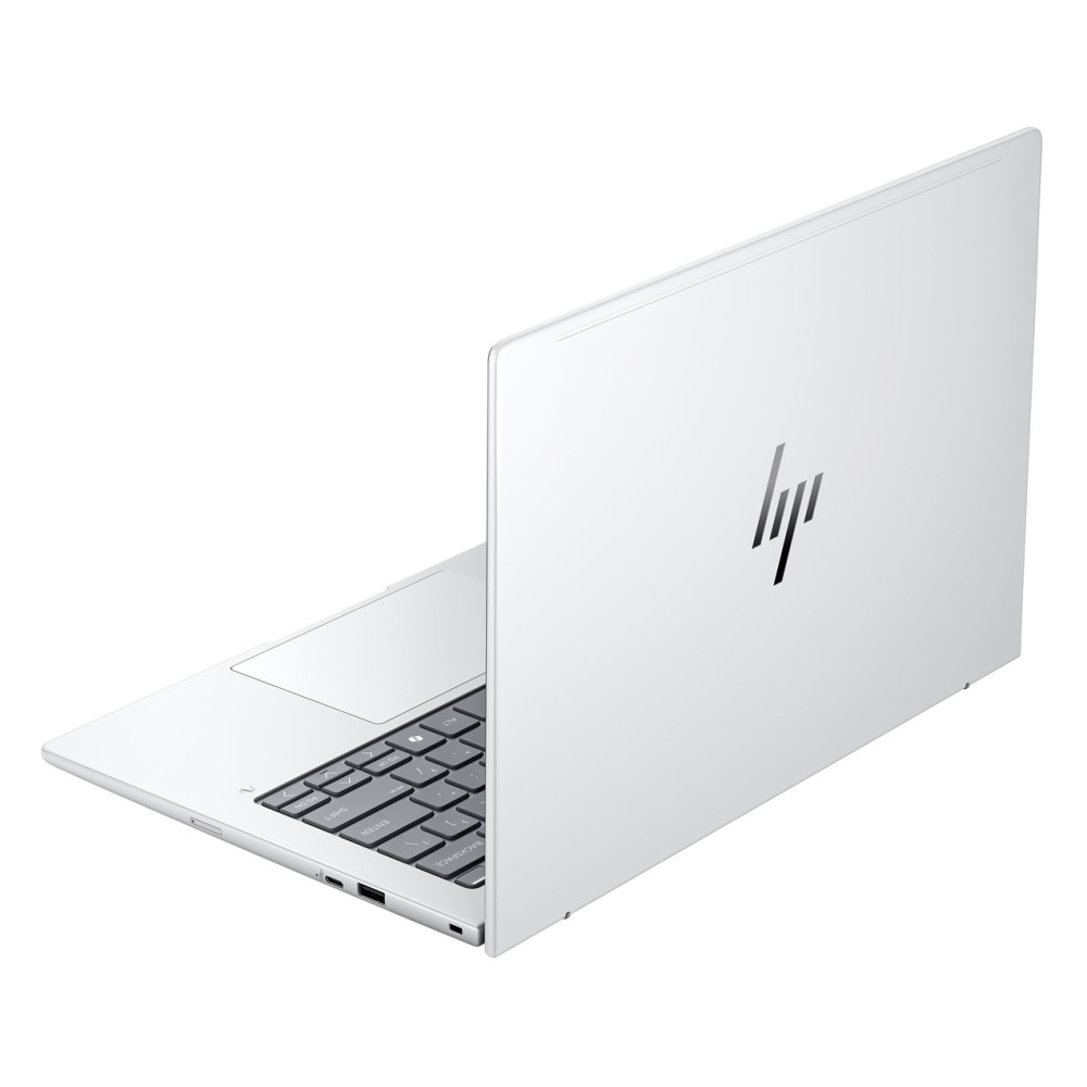 Biały laptop HP z zamkniętym ekranem, obrócony na bok.