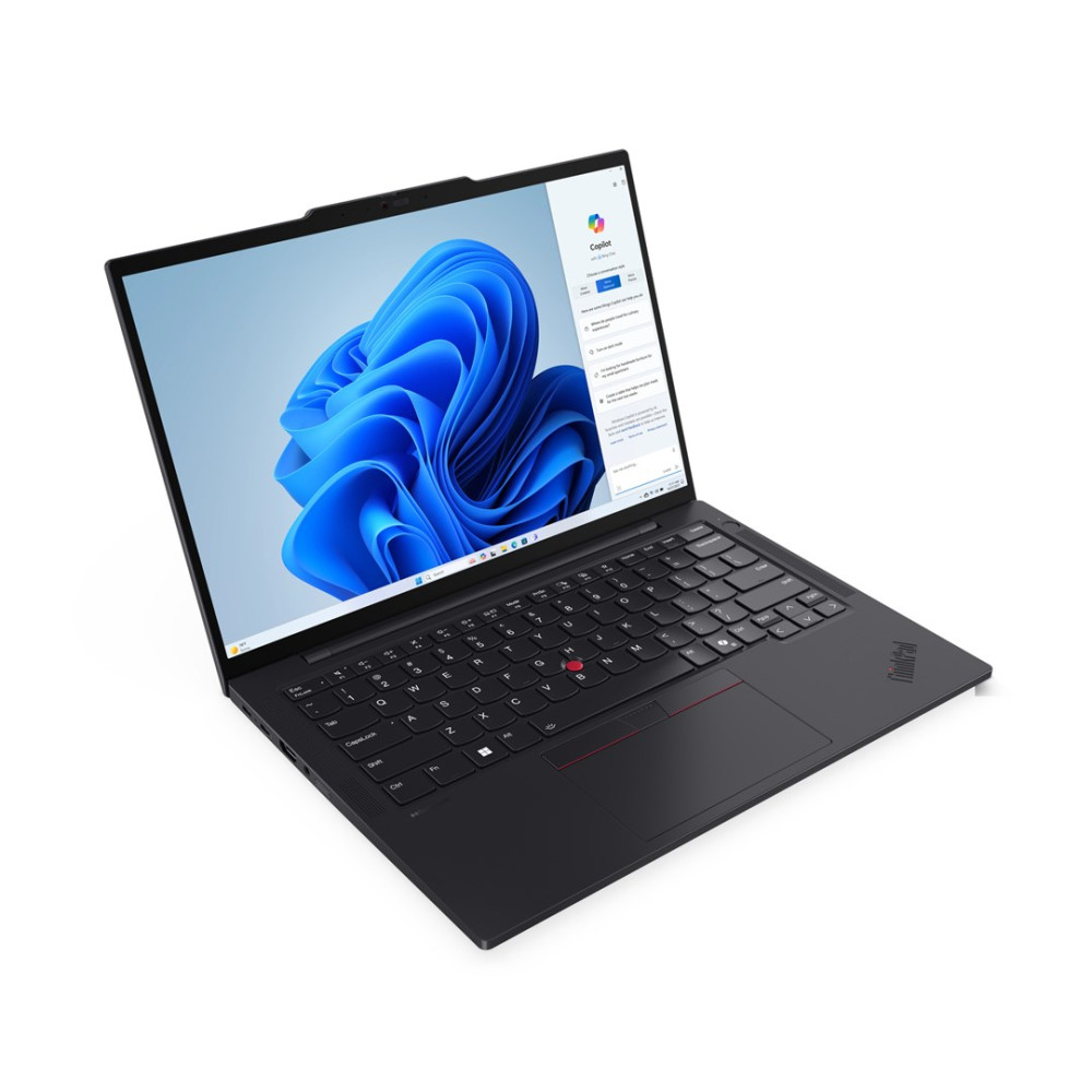 Czarny laptop Lenovo ThinkPad jest otwarty, wyświetla niebieską tapetę Windows 11 i Copilot.