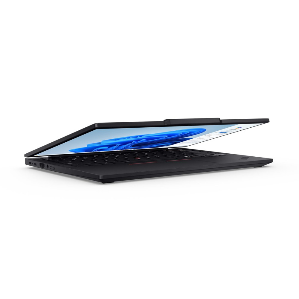 Otwarty czarny laptop z niebieską tapetą na ekranie.