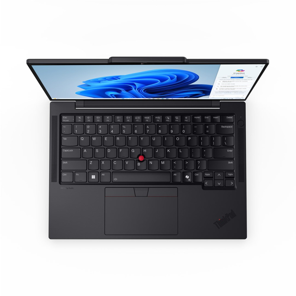 Widok z góry otwartego czarnego laptopa, klawiatura, gładzik i ekran z niebieskim tłem.
