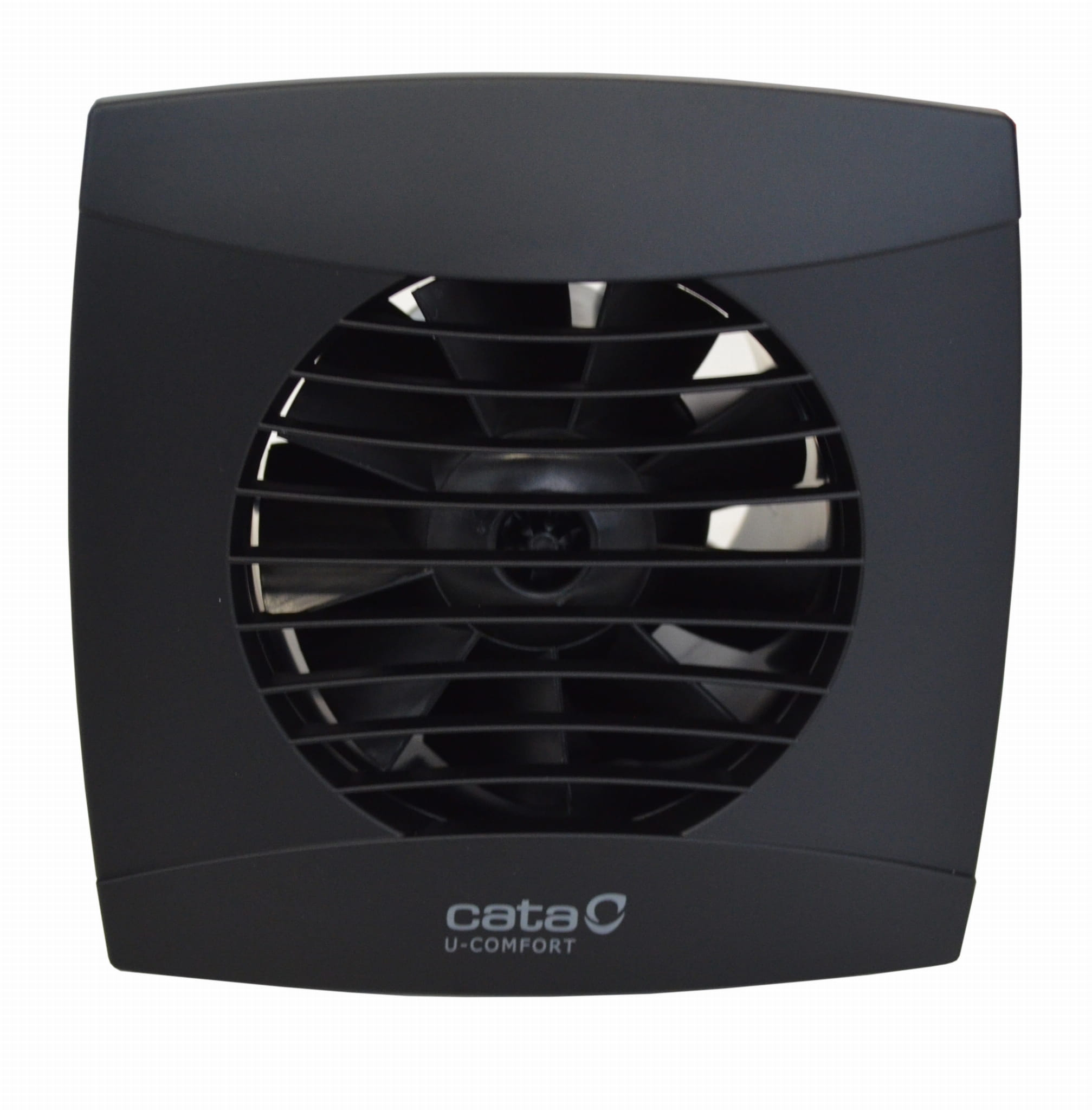 Czarny wentylator z kratką i logo Cata U-Comfort