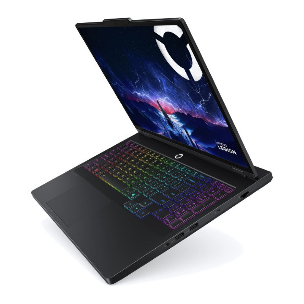 Czarny laptop Lenovo Legion z tęczową podświetlaną klawiaturą i tapetą z burzliwym krajobrazem.