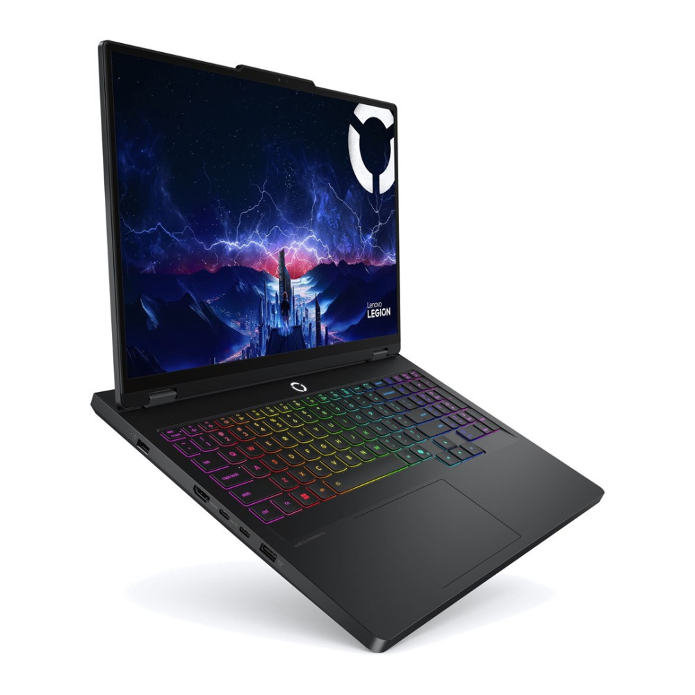 Czarny laptop z kolorową podświetlaną klawiaturą i tapetą fantasy.