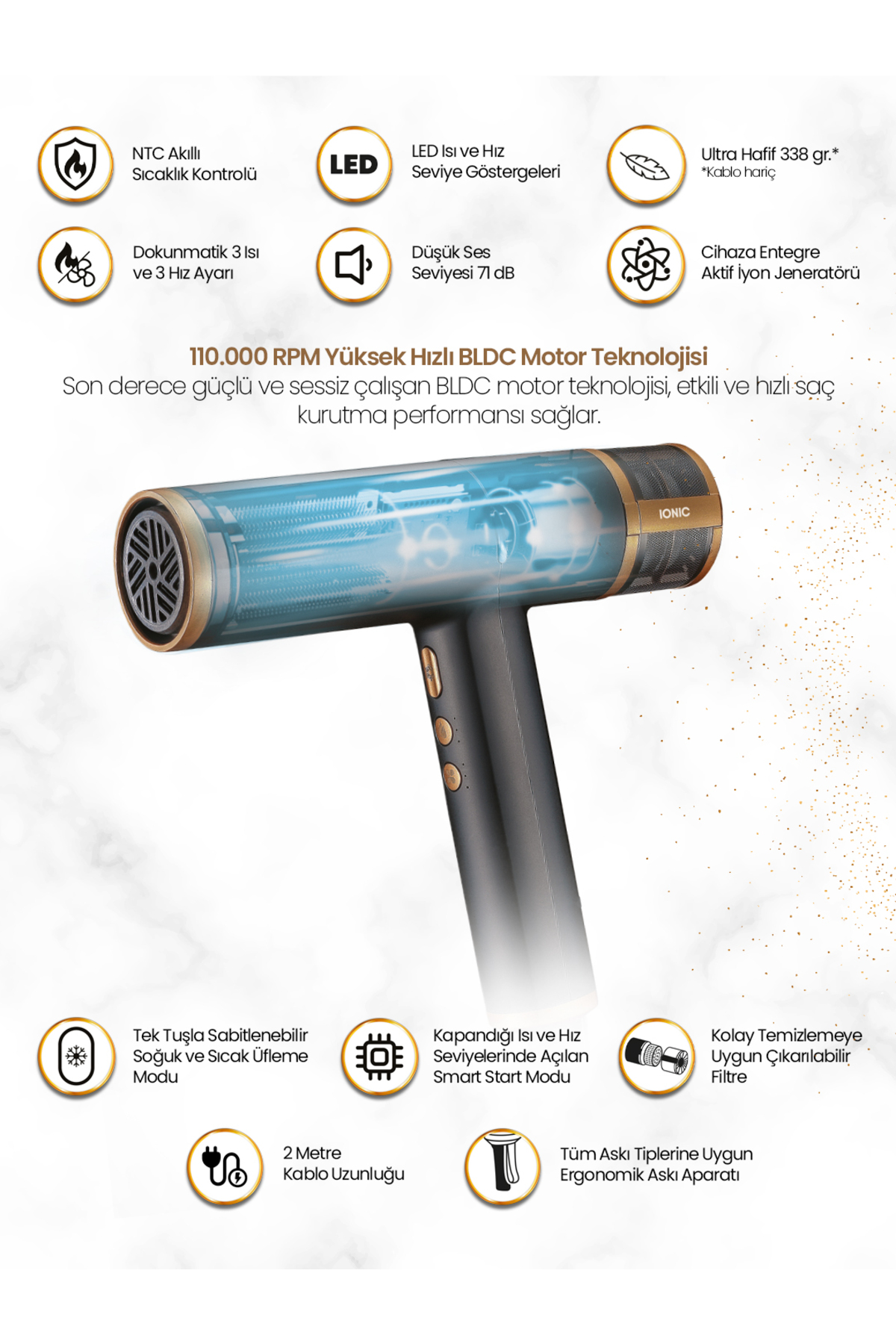 BLDC motor teknolojisini vurgulayan altın detaylı siyah saç kurutma makinesi.