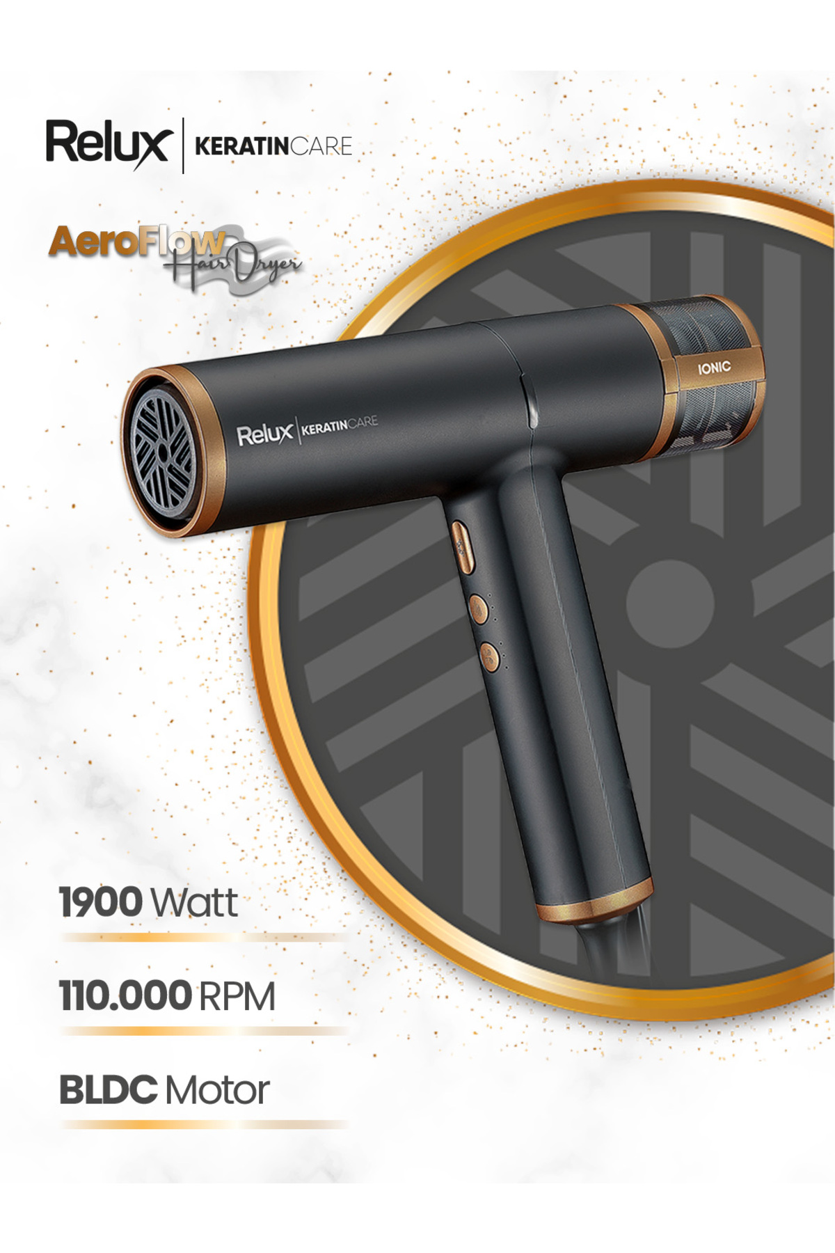 Altın aksanlı siyah saç kurutma makinesi, 1900 Watt, 110.000 RPM, BLDC motor.
