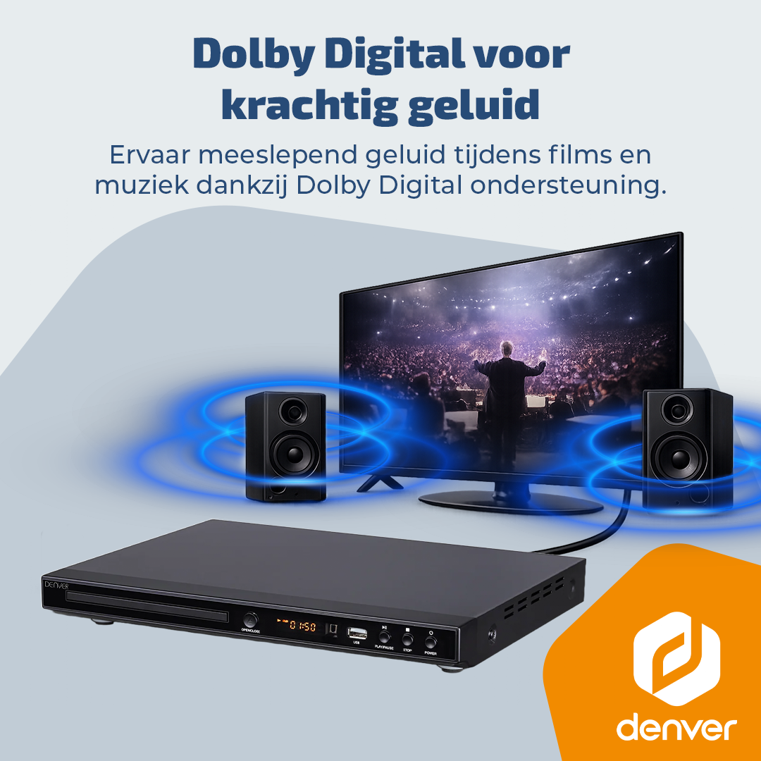 DVD-Player mit zwei Lautsprechern und Fernseher mit Dirigentenbild.