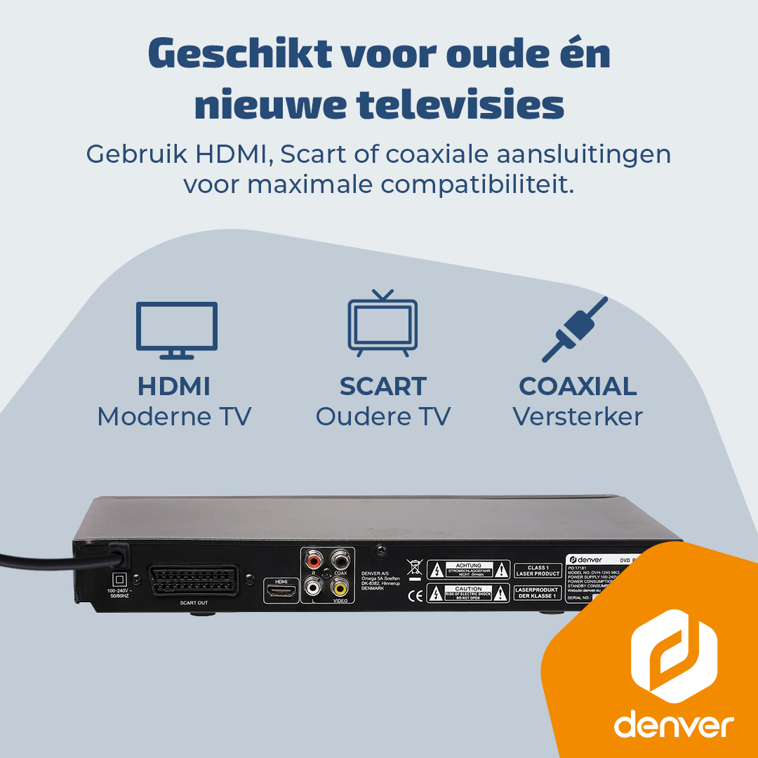 Rückseite eines DVD-Players mit Anschlüssen: HDMI, SCART, Koaxial. Geeignet für alte und neue TVs.