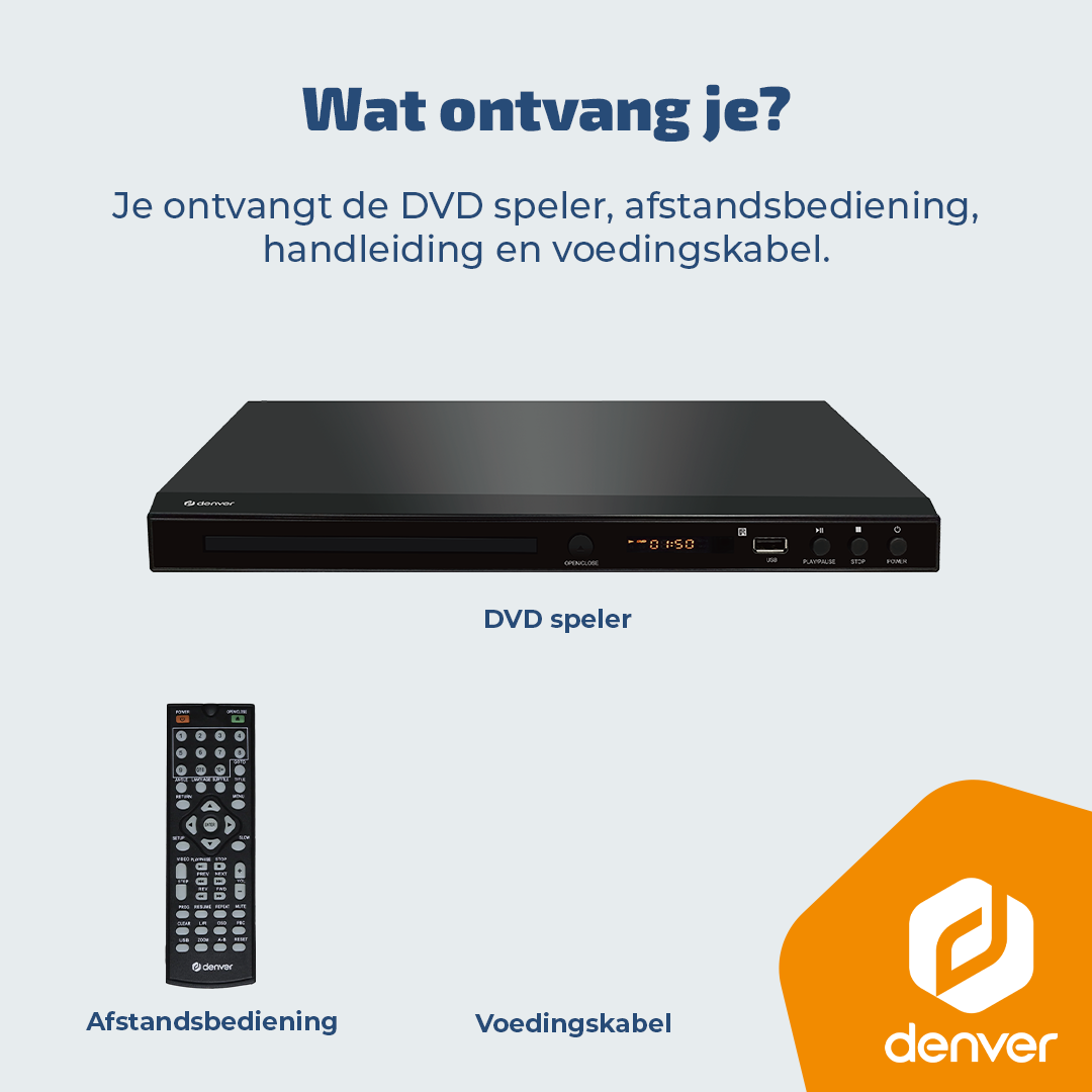 Ein schwarzer DVD-Player mit Fernbedienung und Netzkabel.