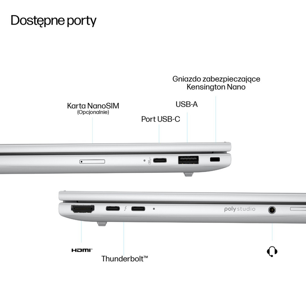 Widok z boku laptopa pokazujący porty: Nano-SIM, USB-A, USB-C, Kensington, HDMI, Thunderbolt.