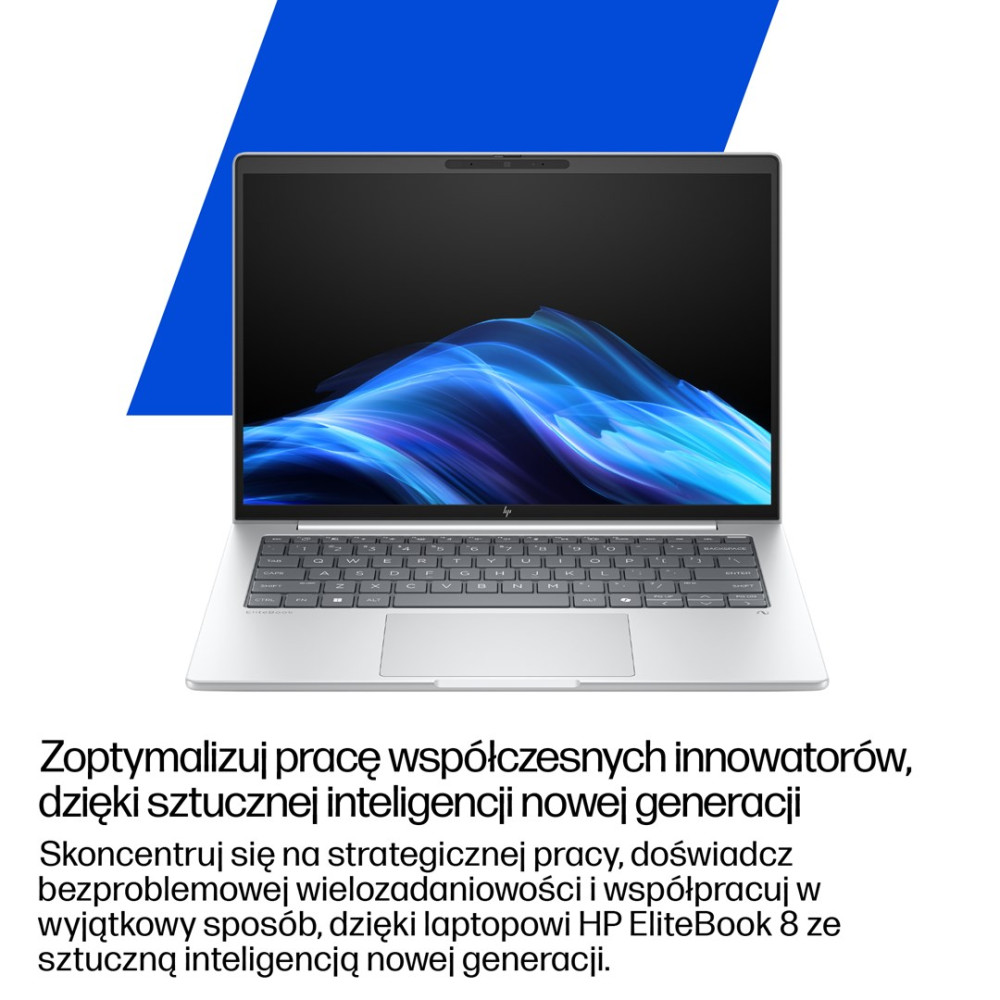 Srebrny laptop HP EliteBook 8 z abstrakcyjnym niebieskim tłem.