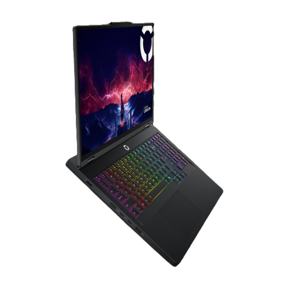 Czarny laptop gamingowy z kolorową podświetlaną klawiaturą i efektowną tapetą.