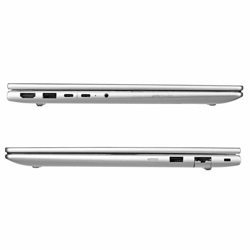 Dwa srebrne laptopy w profilu, pokazujące porty po bokach.