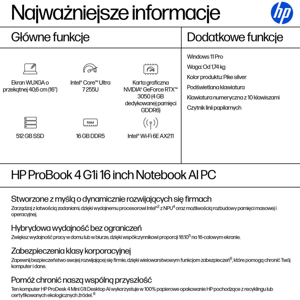 Laptop HP ProBook 4 G1i 16 cali z Intel Core Ultra 7, ekranem 16 cali, RTX 3050.