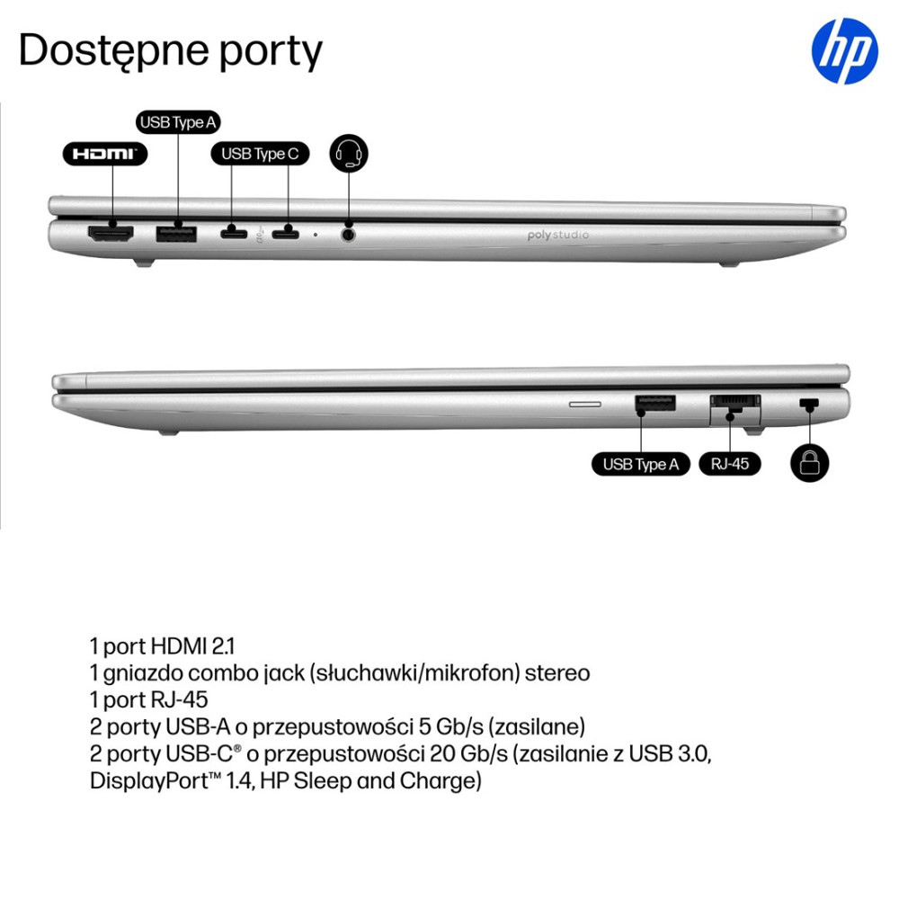 Boczny widok laptopa pokazujący porty HDMI, USB-A, USB-C, gniazdo słuchawkowe, RJ45.