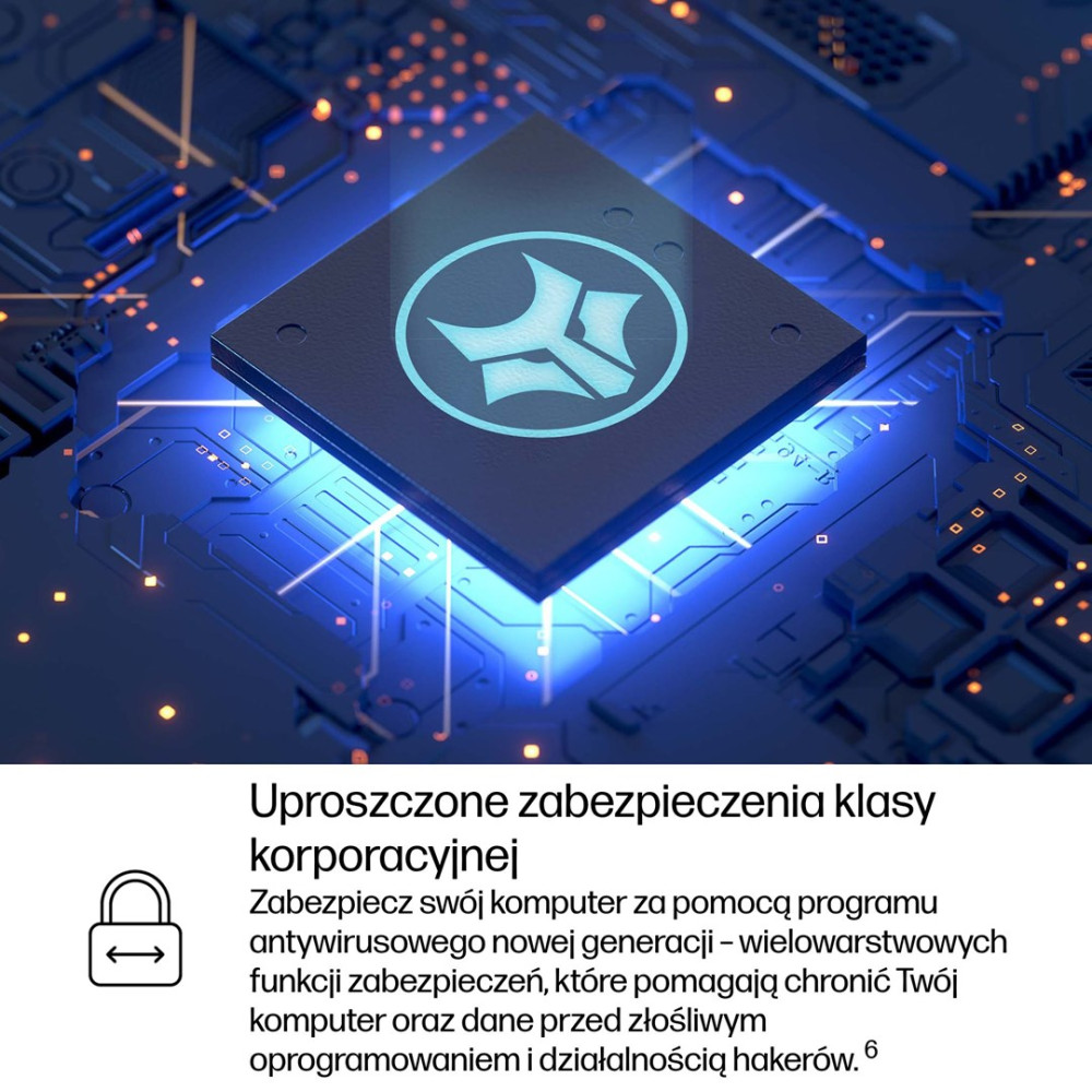 Ciemny mikrochip z niebieskim logo na płycie obwodu z niebieskimi światłami.
