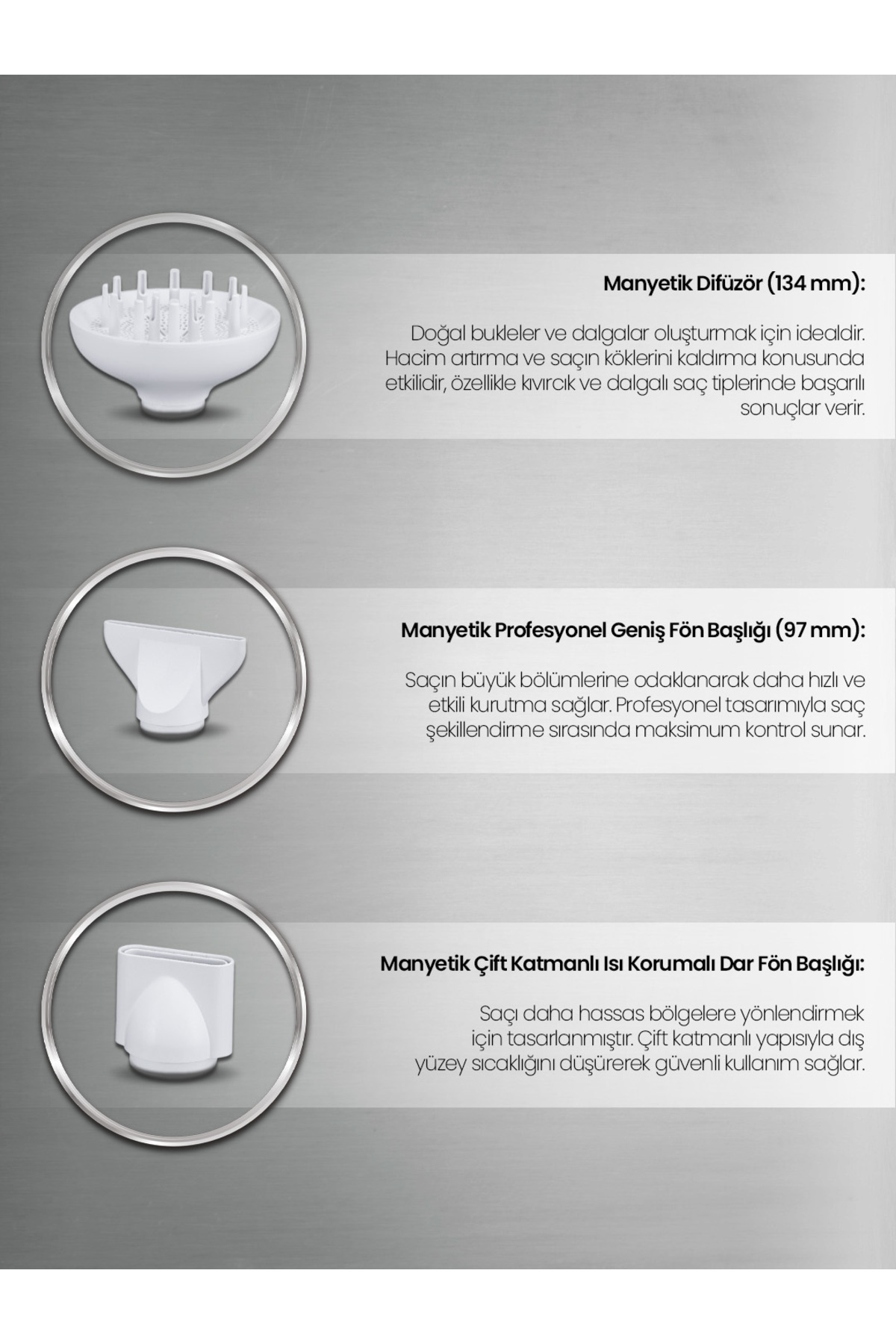 Üç beyaz saç kurutma makinesi başlığı: difüzör, geniş ve dar ısı korumalı başlık.