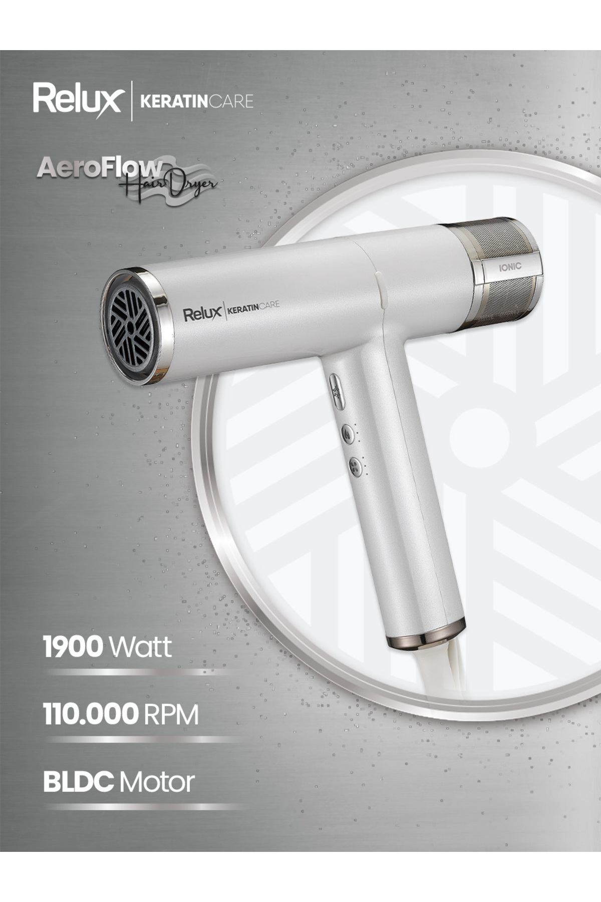 Siyah detaylı gümüş saç kurutma makinesi, 1900 Watt, 110.000 RPM, BLDC Motor.