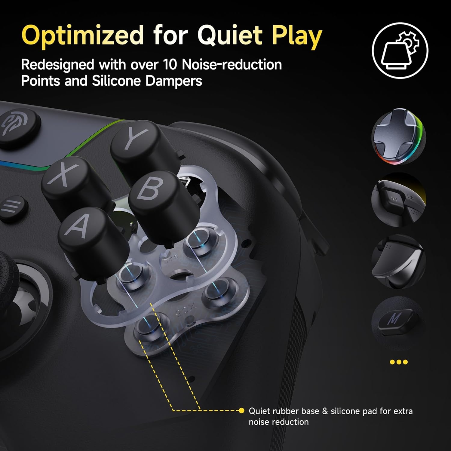 Nahaufnahme eines Controllers mit Fokus auf Tasten. Leise Gummibasis.