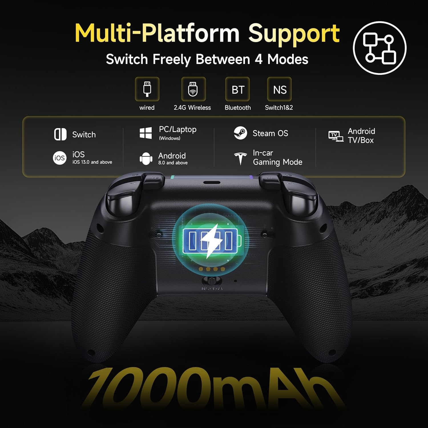 Eine schwarze Gaming-Controller mit plattformübergreifender Unterstützung, zeigt Akkulaufzeit.