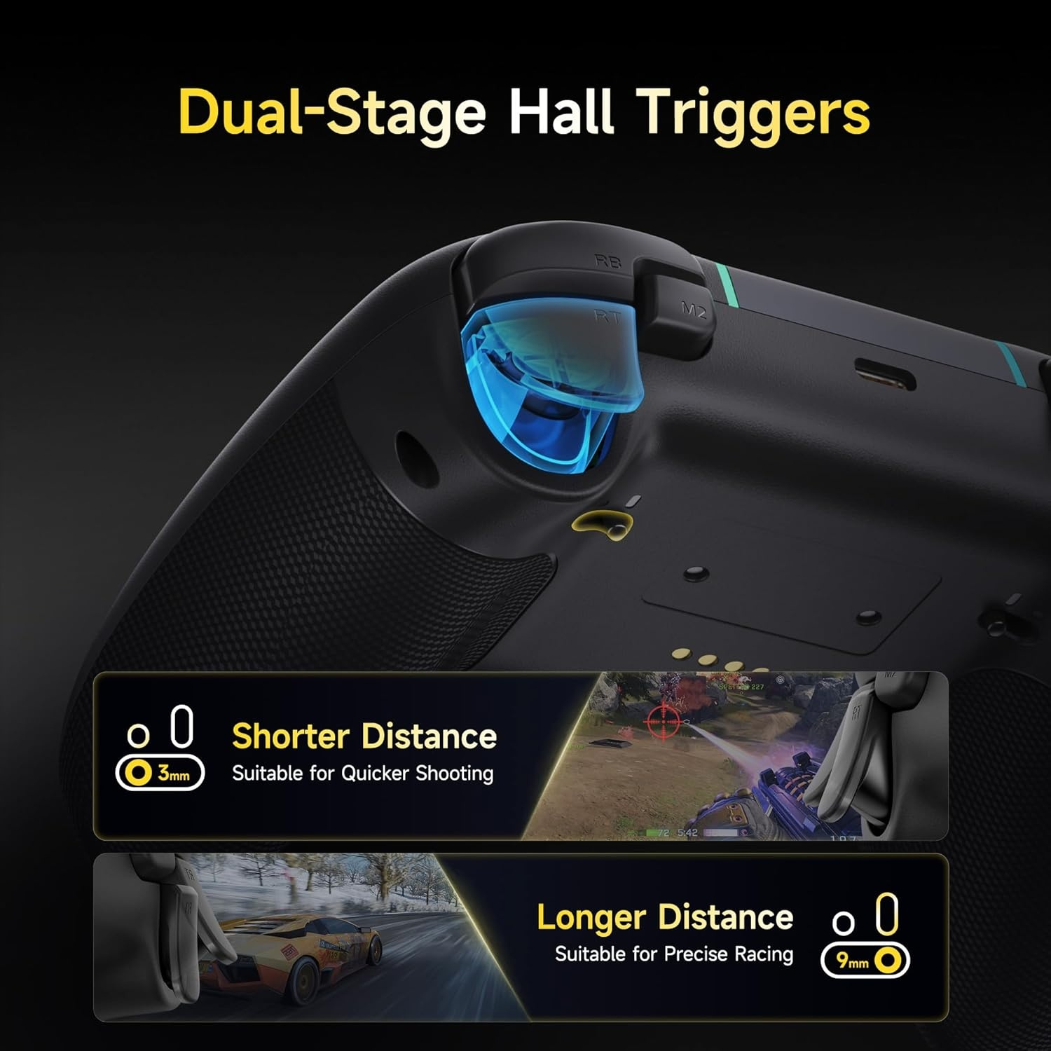 Gaming-Controller mit blauen Hall-Triggern, zeigt kürzere und längere Distanzen an.