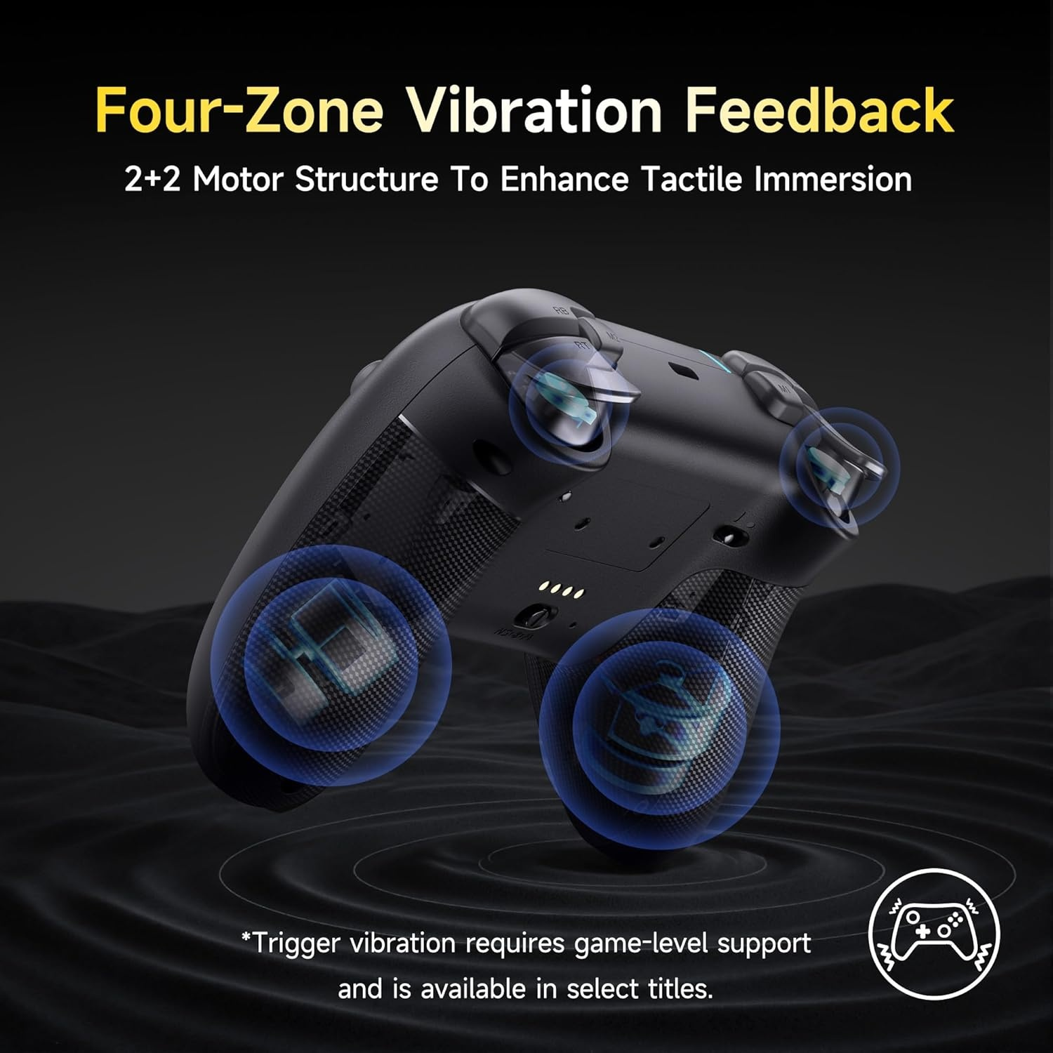 Schwarzer Controller mit vier blauen Vibrationskreisen, die vier Zonen hervorheben.