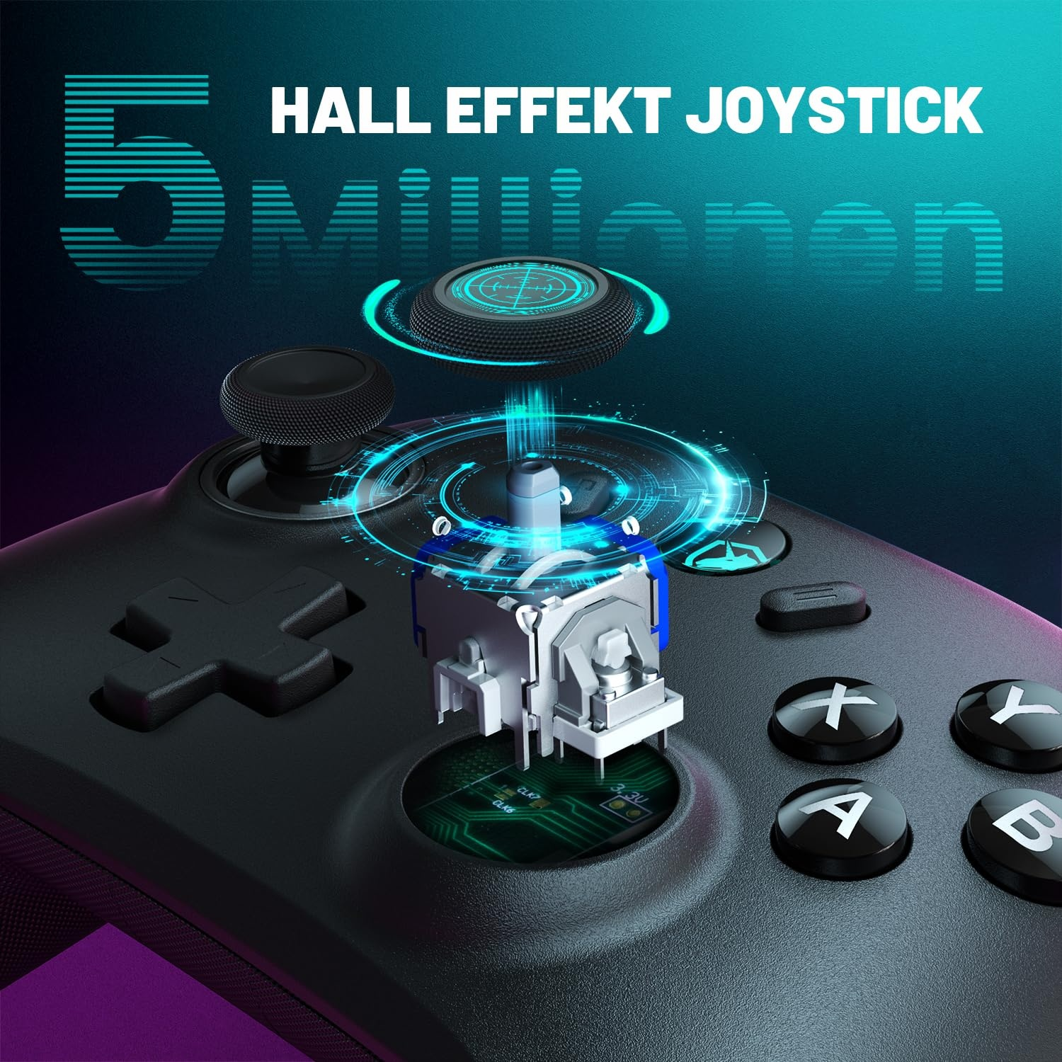 Ein schwarzer Controller mit detailliertem Blick auf den Hall-Effekt-Joystick.