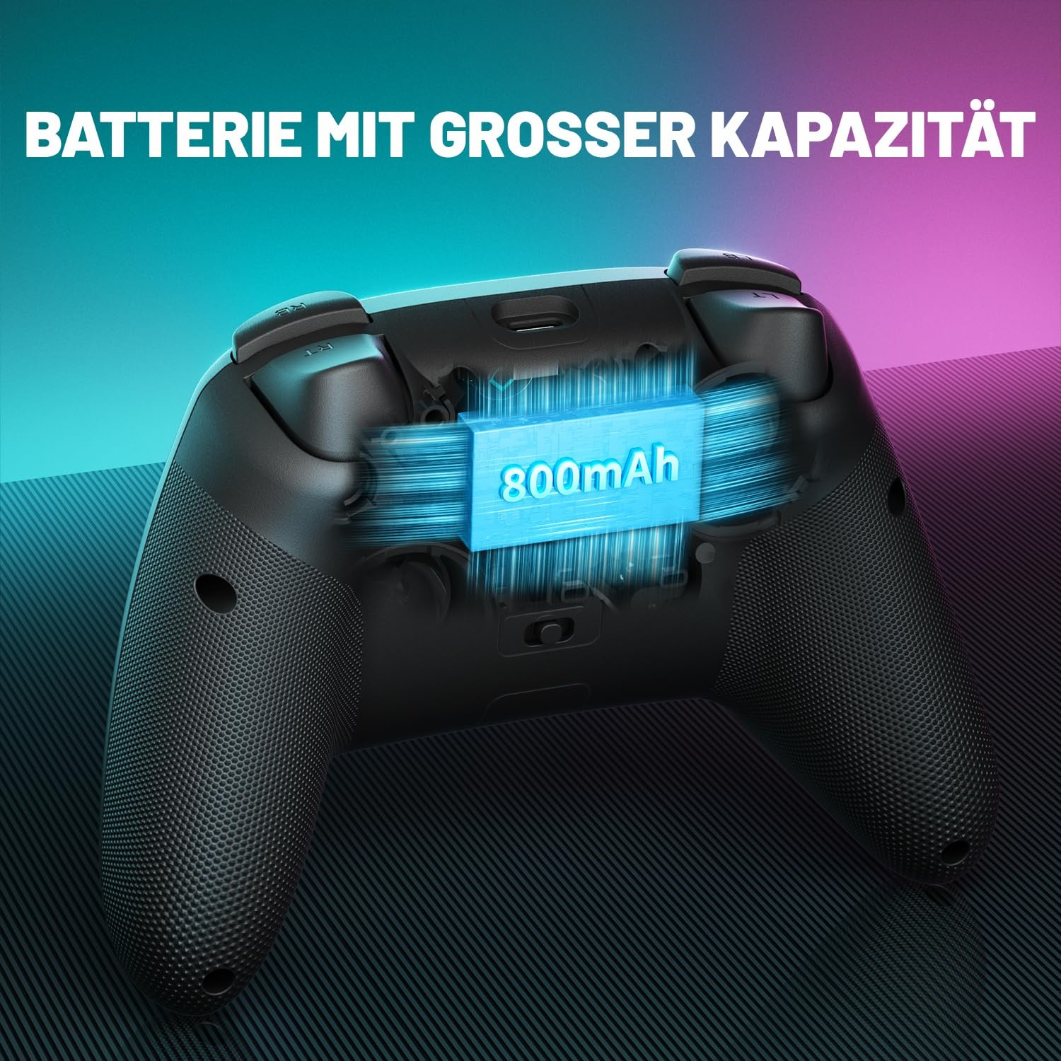Schwarzer Controller mit 800mAh Akku-Grafik, blau-pinker Hintergrund.