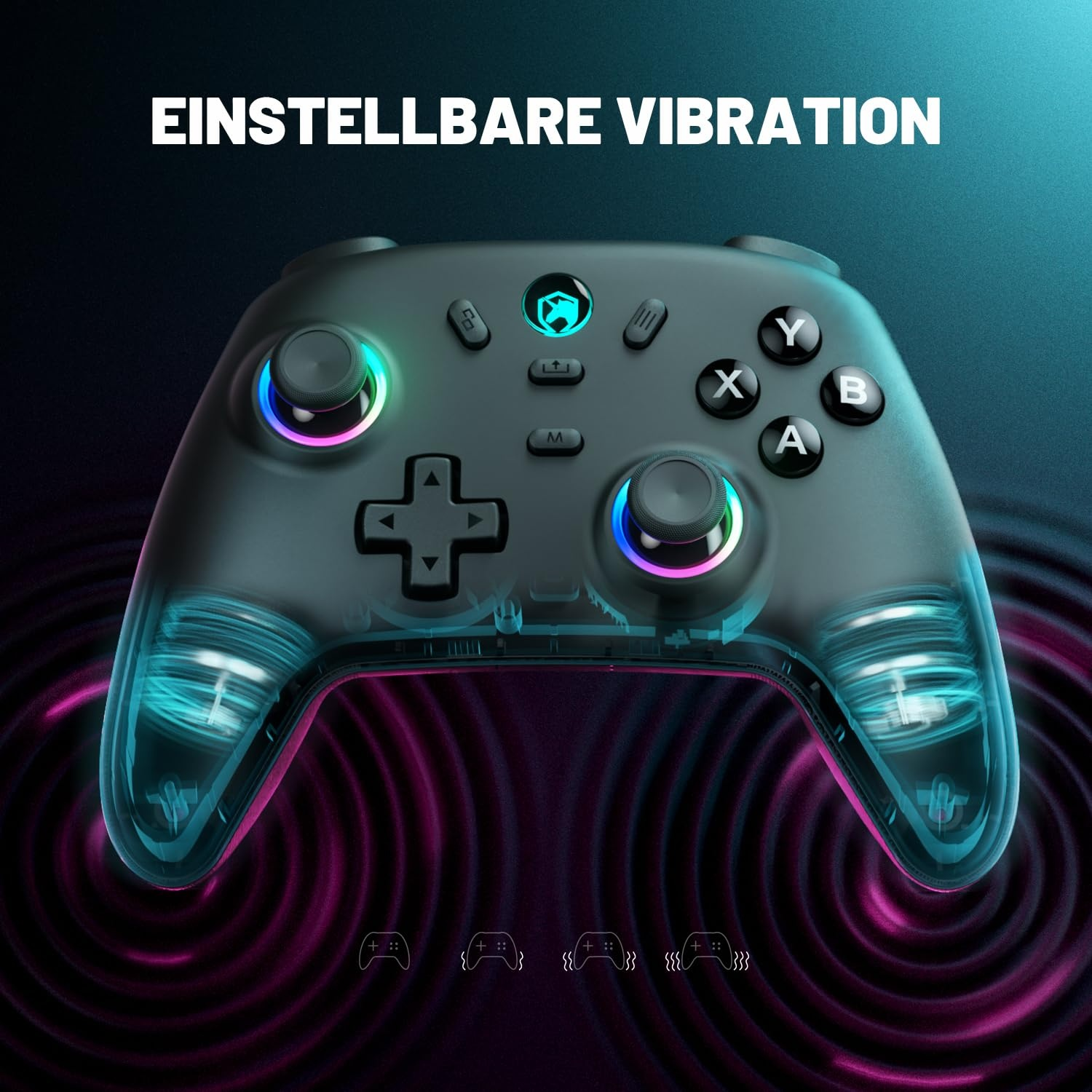 Ein transparenter Controller mit bunten Lichtern und Vibrationswellen.