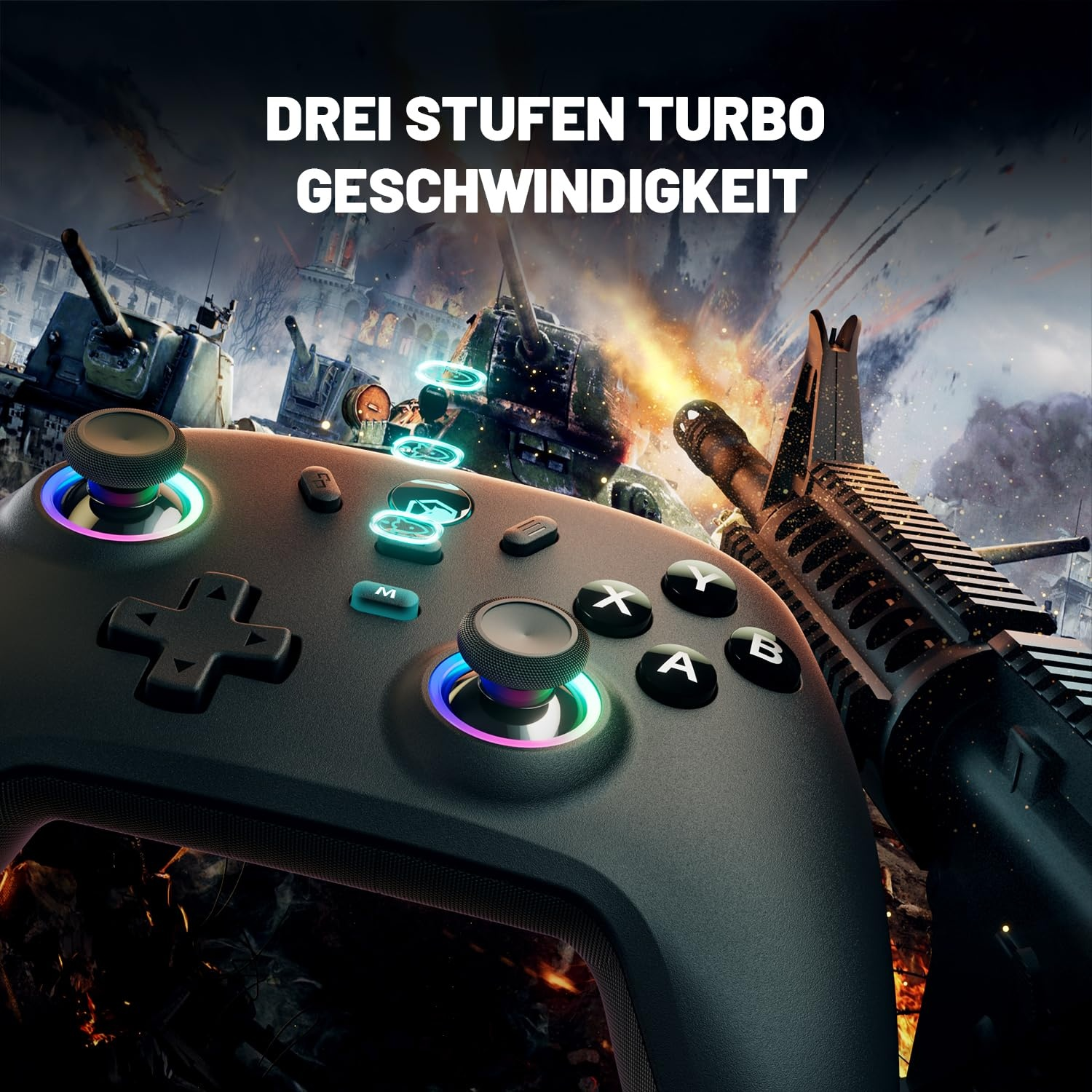 Ein schwarzer Gaming-Controller vor Panzern und einer Waffe, mit Text 'Drei Stufen Turbo Geschwindigkeit'.