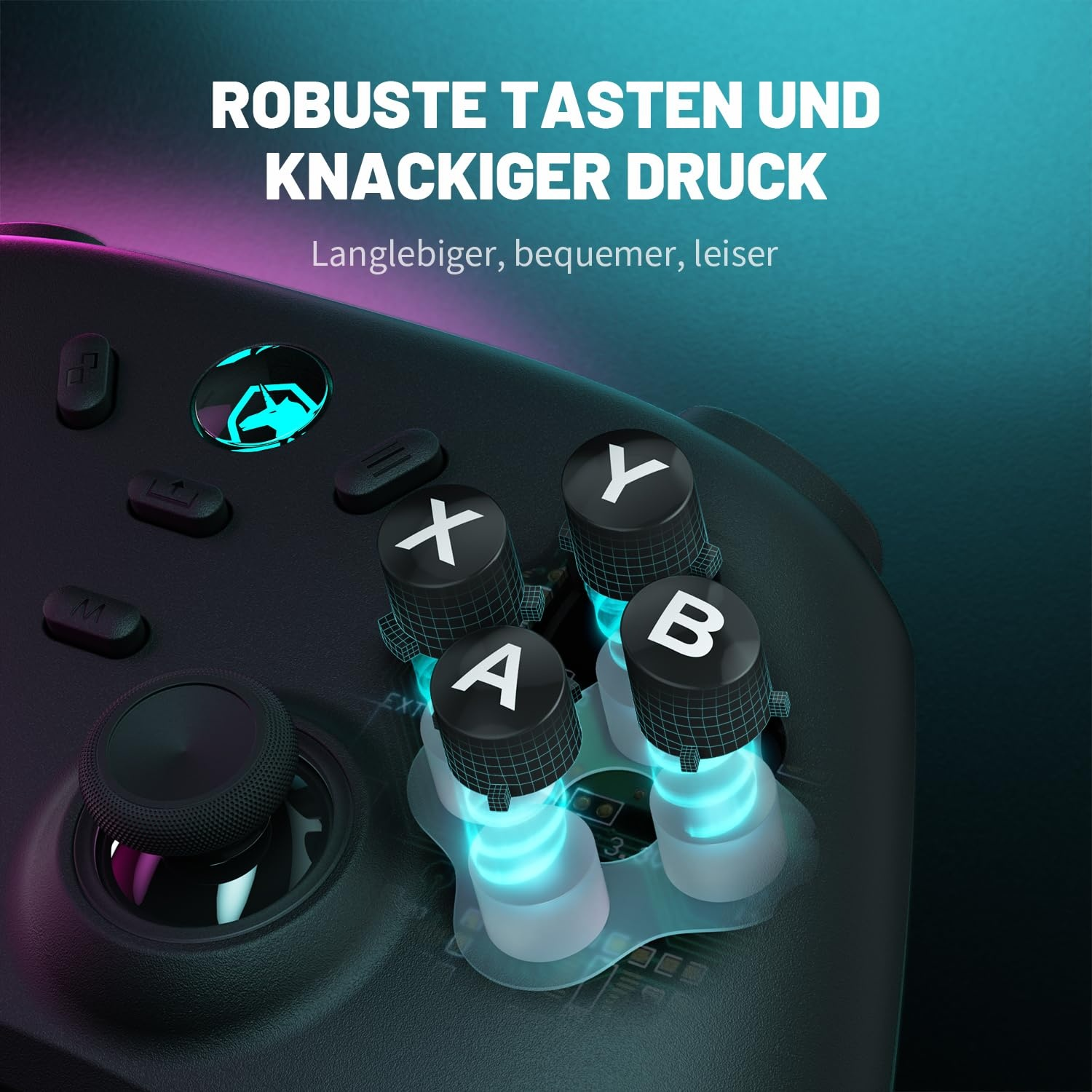 Nahaufnahme eines schwarzen Controllers mit leuchtend blauen Akzenten und Schaltflächen.