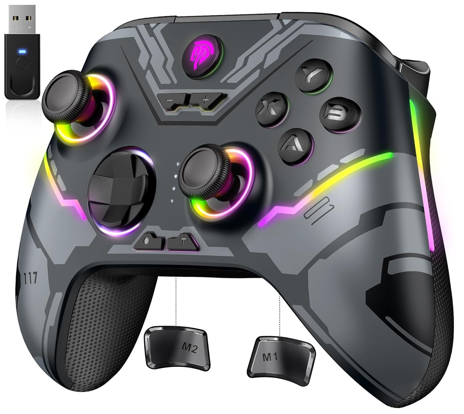 Ein grauer Gaming-Controller mit RGB-Beleuchtung und einem USB-Dongle.