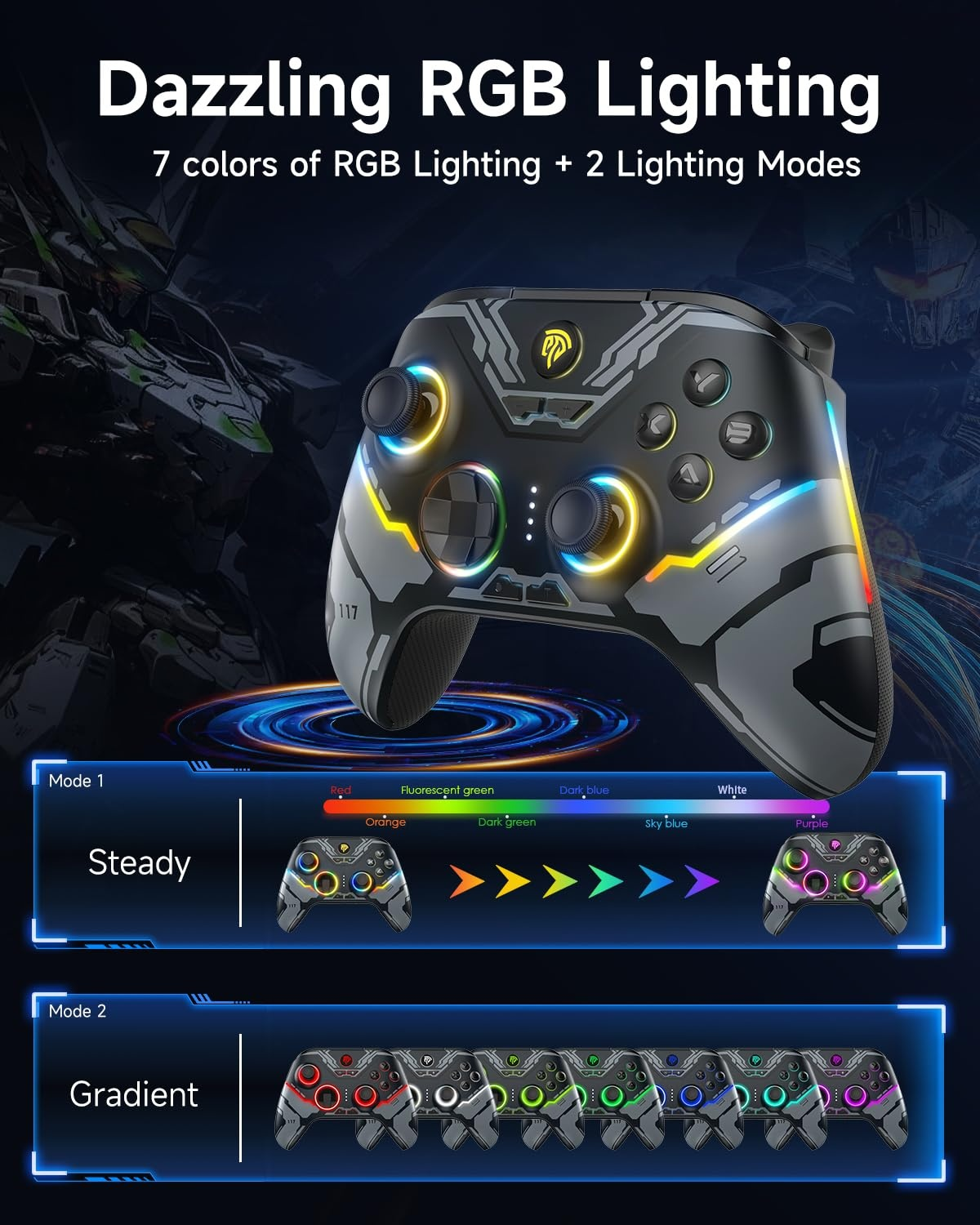 Ein grauer Gaming-Controller mit RGB-Beleuchtung und zwei Modi: Steady und Gradient.