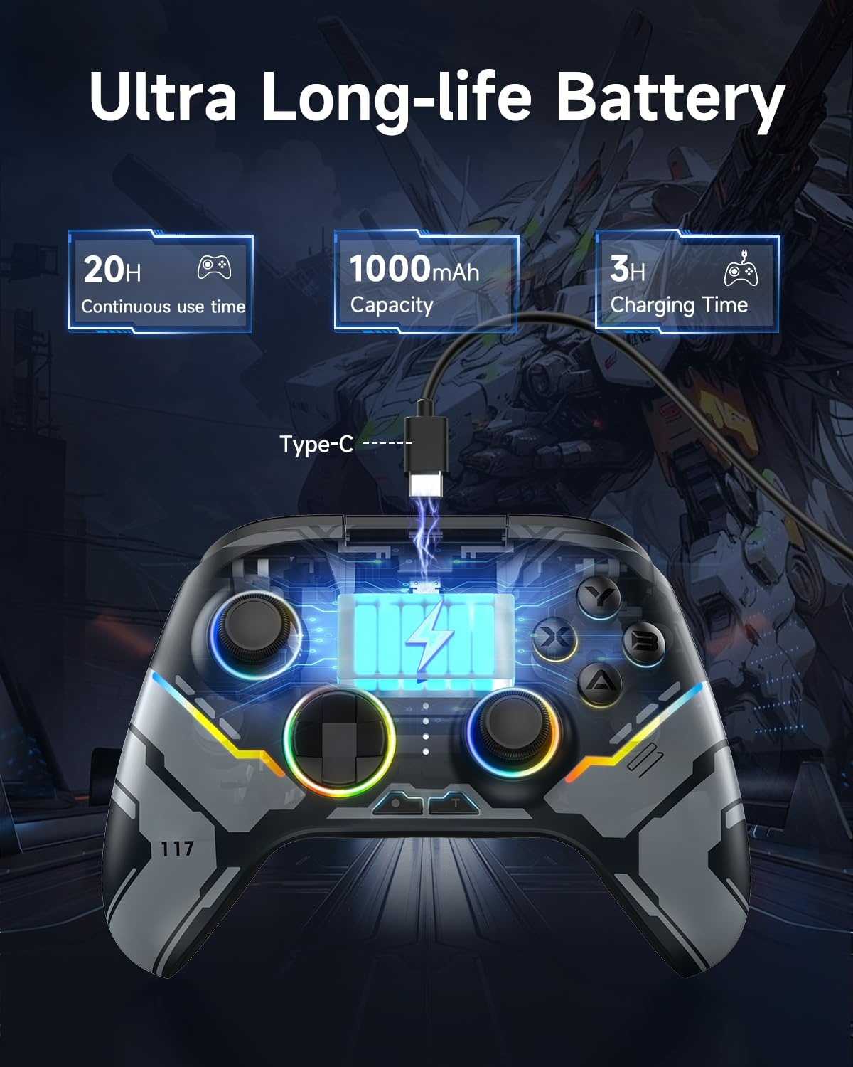 Ein transparenter Controller wird aufgeladen. Daten: 20h Nutzung, 1000mAh Kapazität, 3h Ladezeit.